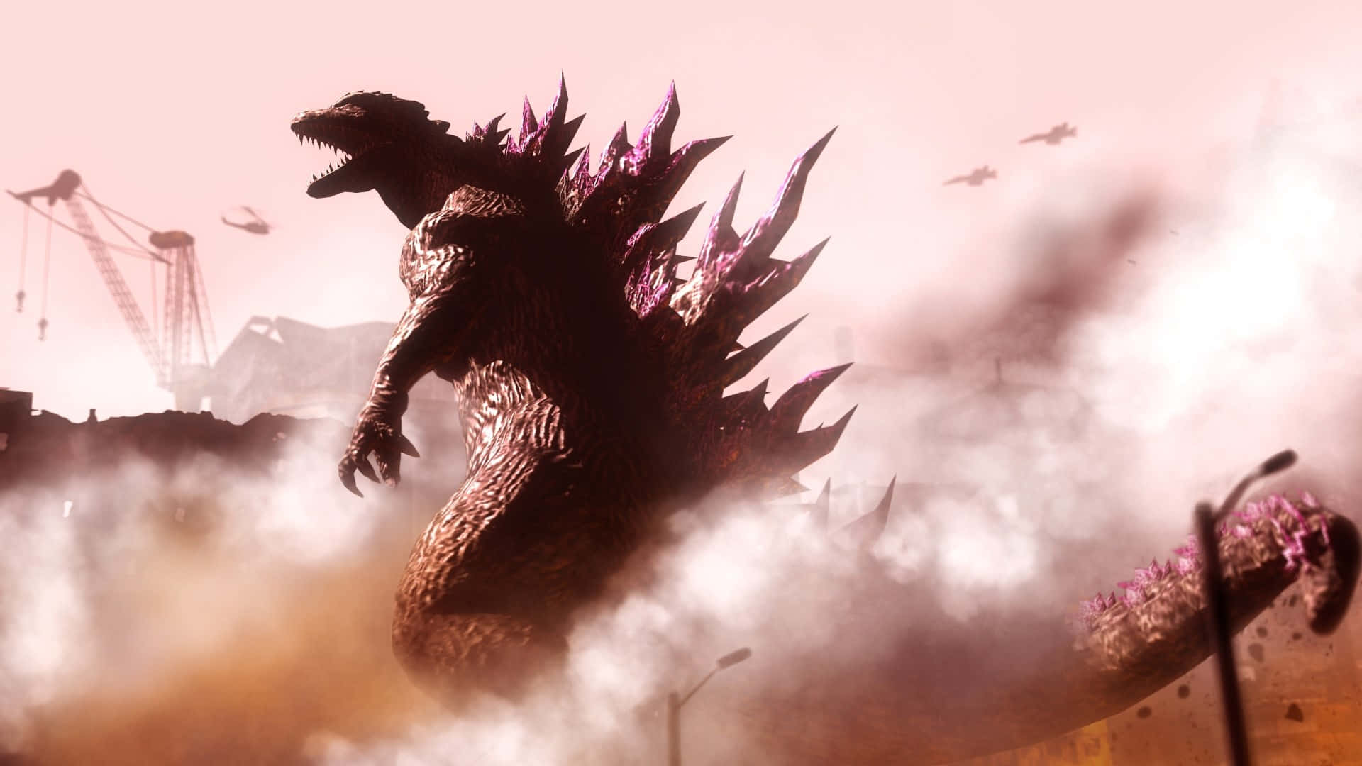 Godzilla 2000 桌布 壁紙 — 一隻擁有發光紫色背鰭的巨大哥斯拉，從煙霧中出現在廢墟城市景觀中，天空朦朧粉紅。