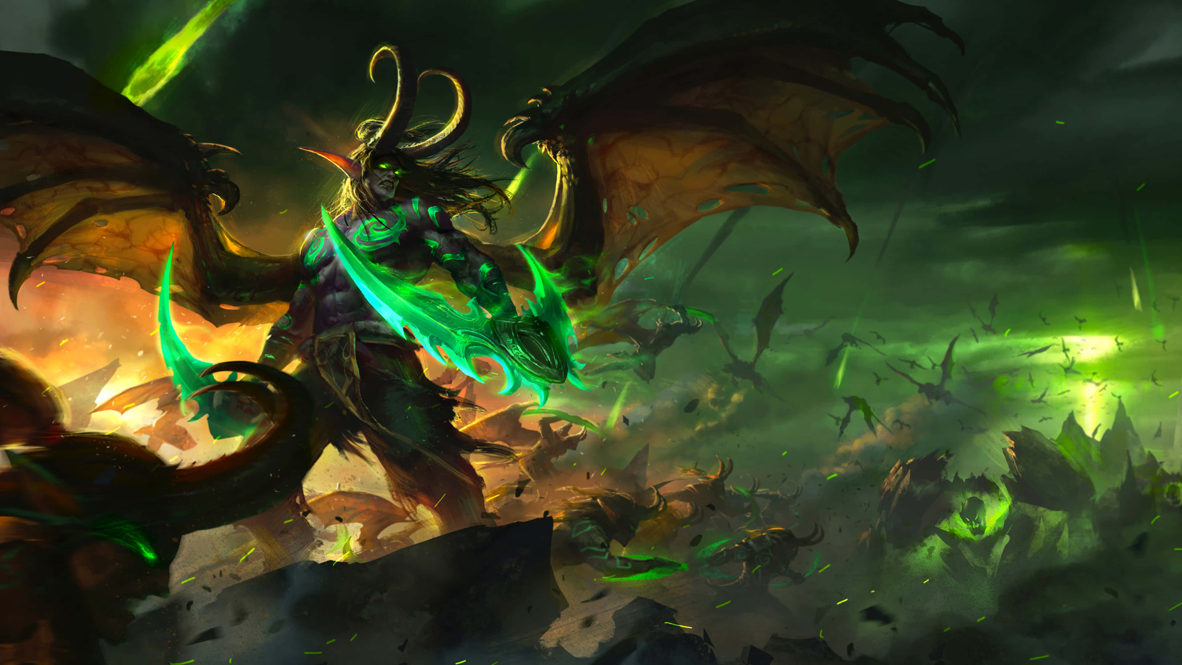 Wow 4K Illidan Stormrage 壁紙 — 一隻擁有發光綠色翅膀和武器的黑暗巨龍，在暴風雨的天空下主宰著混亂的戰場。