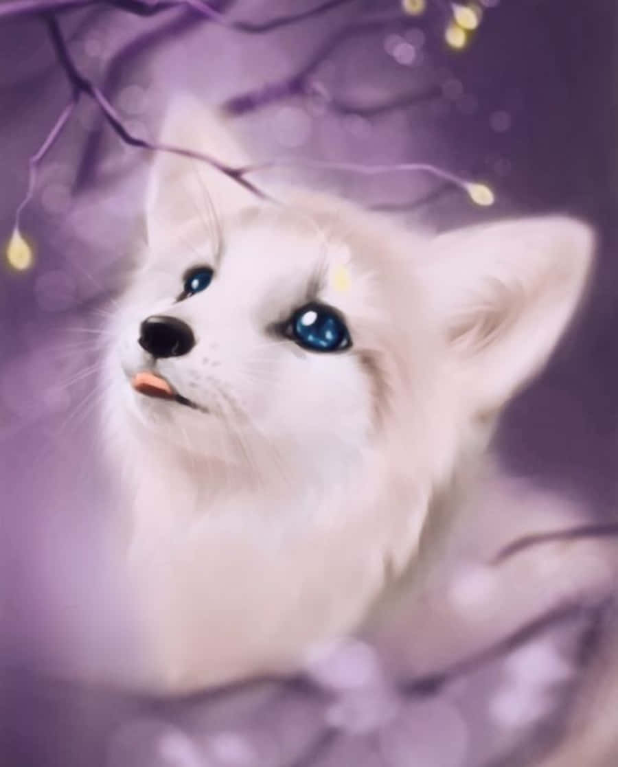 Cute Wolf 桌布 壁紙 — 一隻擁有發光藍眼睛的白狐，在點綴著柔和金色燈光的紫色樹枝間向上凝視。