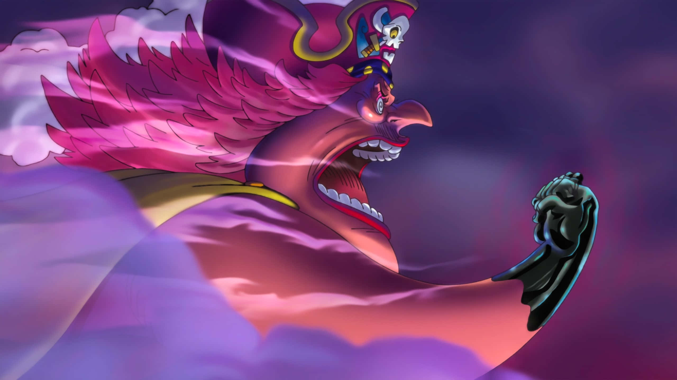 Big Mom 桌布 壁紙 — 一隻擁有粉紅色羽毛和皇冠的兇猛動漫鳥，對著旋轉的紫色和粉紅色天空咆哮。