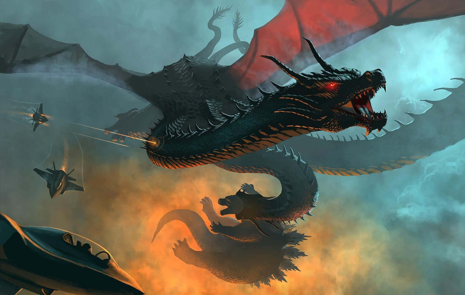 King Ghidorah 桌布 壁紙 — 一隻擁有紅色翅膀和發光眼睛的巨大黑色龍在暴風雨中翱翔，戰鬥機向牠開火，而哥斯拉從下方出現。