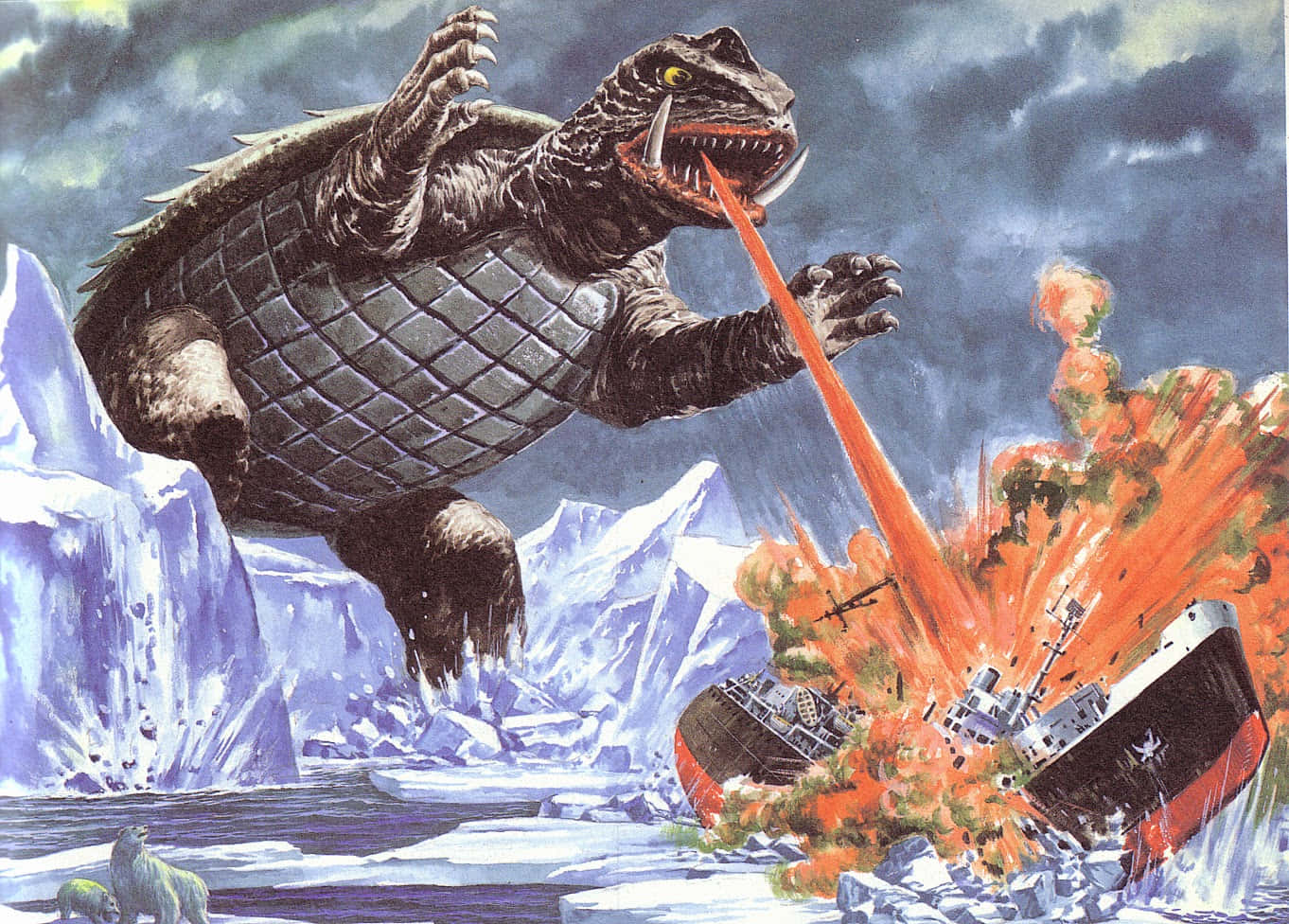 Gamera 桌布 壁紙 — 一隻擁有網格圖案身體的巨型爬蟲類怪物，在冰冷的北極水域中向一艘正在下沉的船隻噴射熾熱輻射。