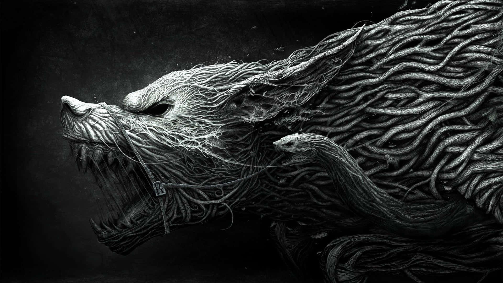 beast 桌布 壁紙 — 一隻擁有複雜根狀毛髮的怪獸狼，在黑暗紋理背景前猛烈咆哮。