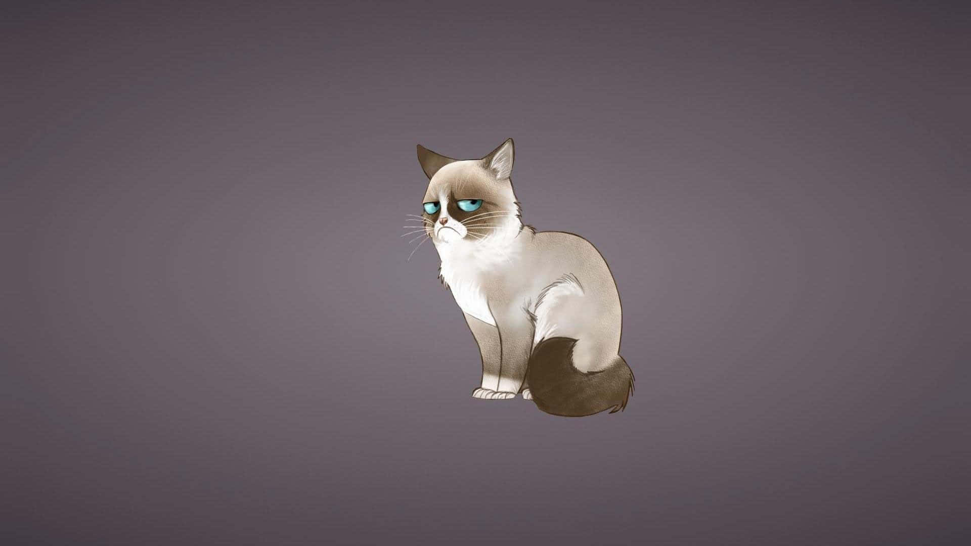 Cute Animations 桌布 壁紙 — 一隻數碼插畫的脾氣暴躁貓咪，藍色眼睛，坐在柔和的灰色背景前。