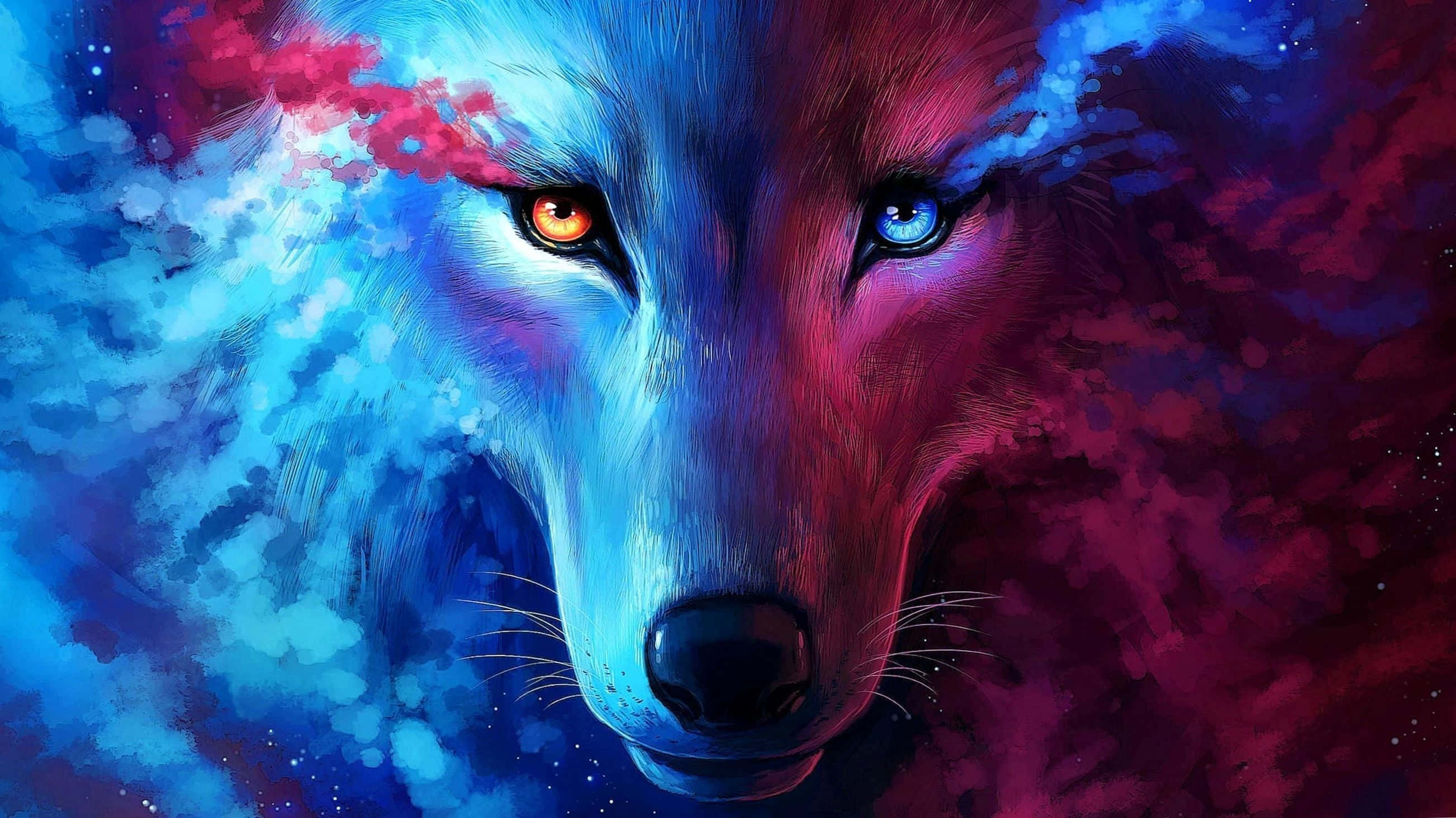 Cool Wolf 桌布 壁紙 — 一隻數碼繪製的狼，擁有一隻琥珀色和一隻藍色的眼睛，背景是藍色和洋紅色的宇宙星雲。