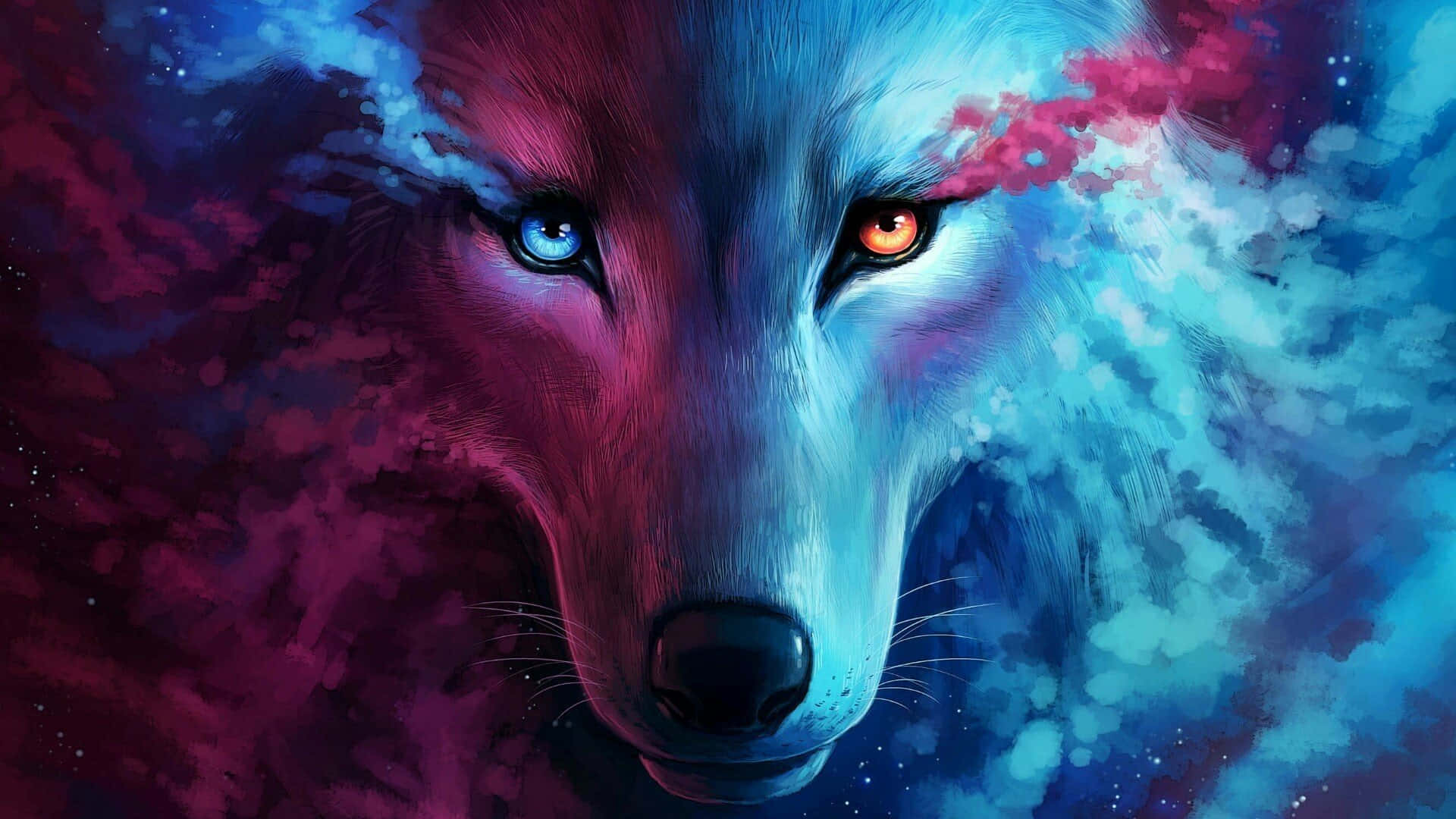 Red Wolf 桌布 壁紙 — 一隻數碼藝術狼，一隻藍眼和一隻橙眼，在粉紅和藍色的宇宙星雲中強烈凝視。