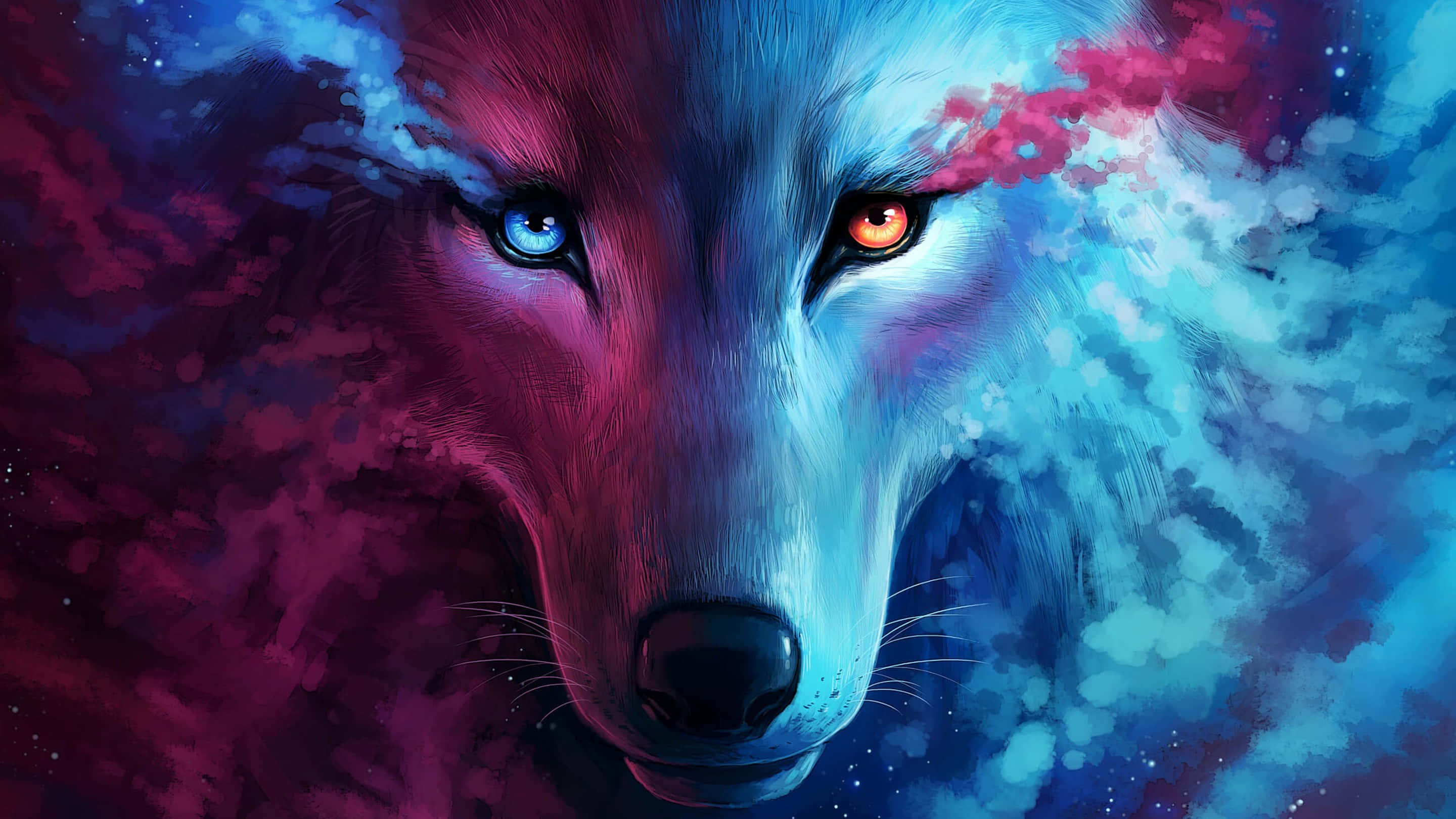 3d Wolf 桌布 壁紙 — 一隻數碼藝術狼，有一隻藍色和一隻橙色的眼睛，背景是粉紅色和藍色雲組成的宇宙星雲。