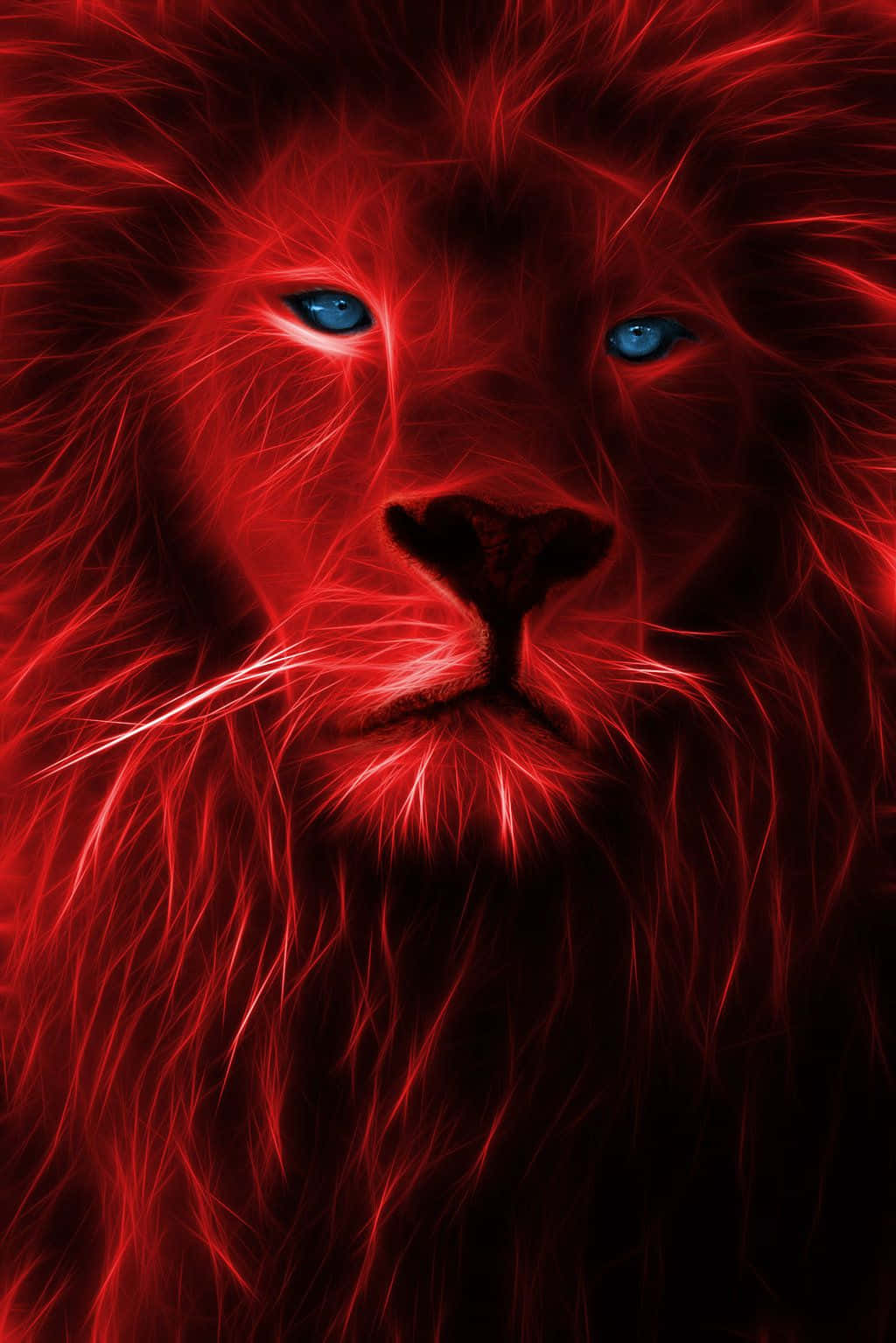 Lions 桌布 壁紙 — 一隻數碼藝術獅子，擁有發光的紅色毛髮和銳利的藍色眼睛，在黑暗背景下強烈凝視。