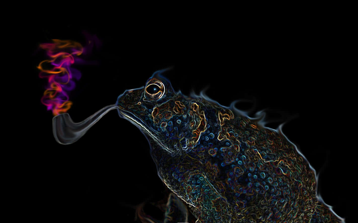 Trippy Animals 桌布 壁紙 — 一隻數碼風格化的蟾蜍在純黑背景上呼出鮮豔的霓虹煙霧。