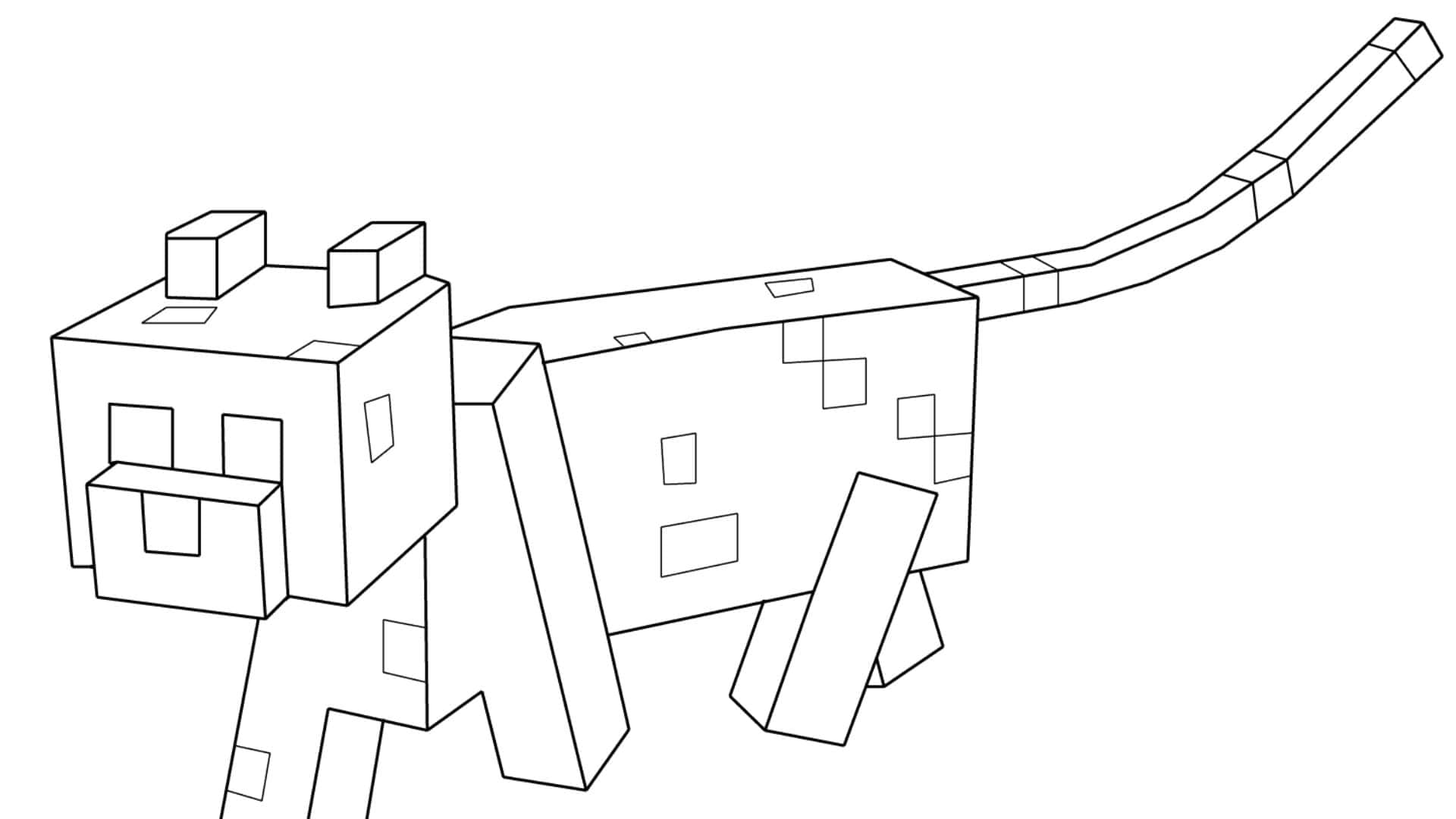 Minecraft Ocelot 桌布 壁紙 — 一隻方塊狀Minecraft貓咪側面站立、帶有長節段尾巴的黑白線條畫。