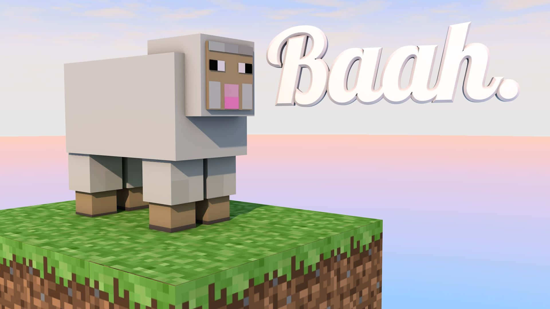 Minecraft Sheep 桌布 壁紙 — 一隻方塊狀的Minecraft羊站在長滿草的島上，背景是粉彩色的天空，附近漂浮著「Baah」這個詞。