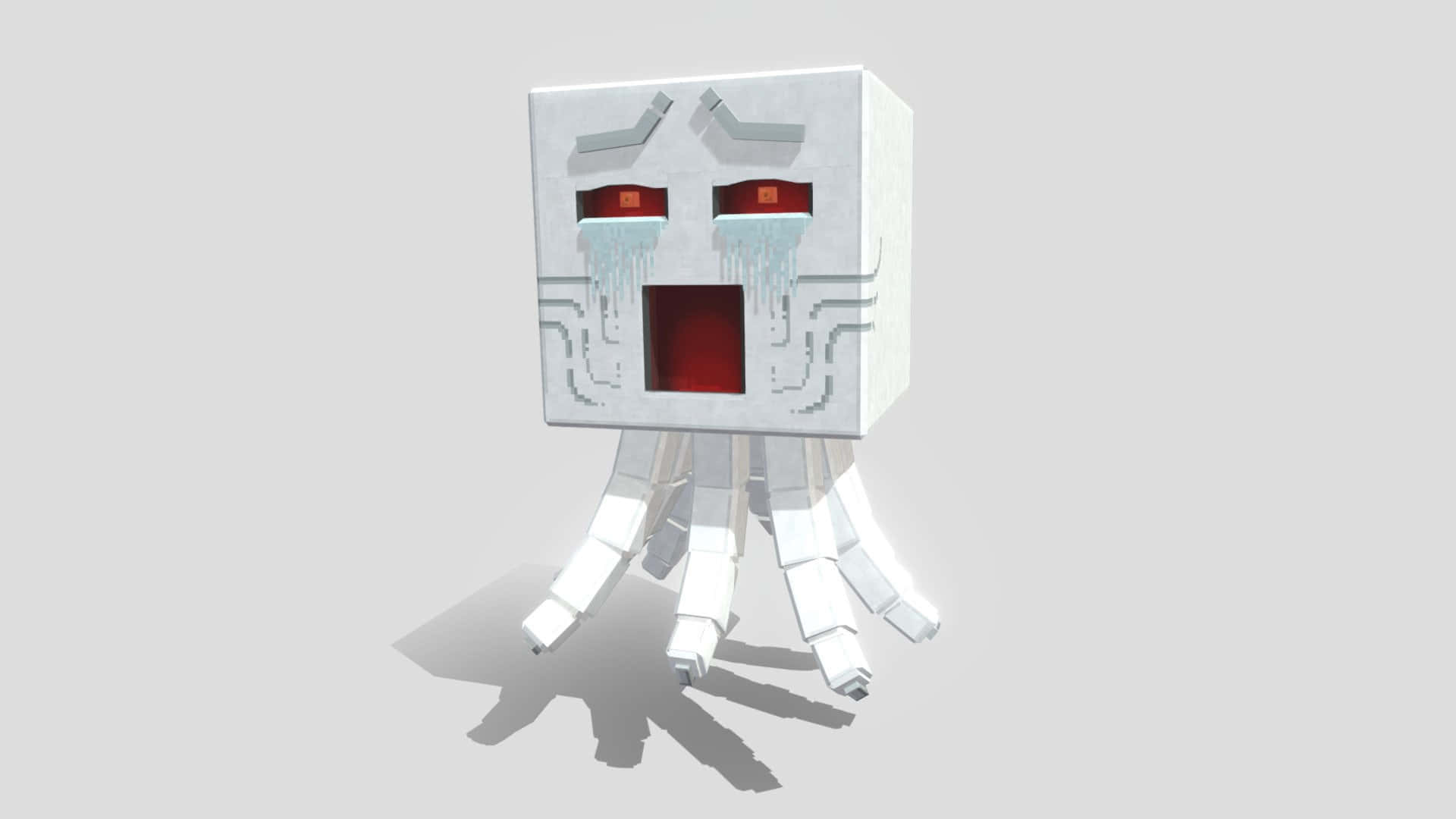 Minecraft Ghast 桌布 壁紙 — 一隻方塊狀的白色魷魚，有著紅色眼睛和滴落的眼淚，站在純灰色背景前。