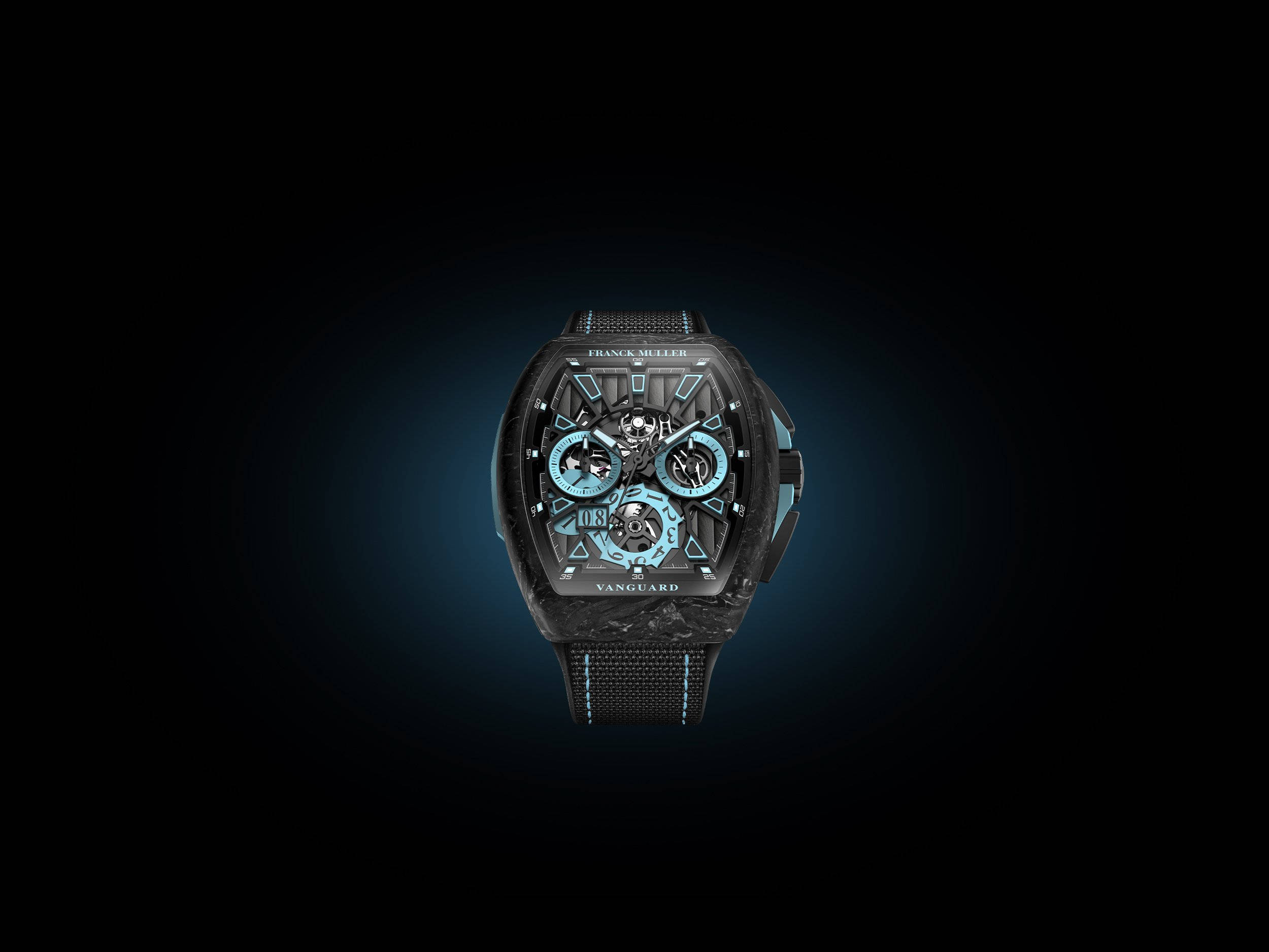 Franck Muller Krypton 壁紙 — 一隻時尚的黑色Frank Muller Vanguard手錶，帶有發光的藍色點綴和暴露的齒輪，在深色漸變背景上發光。