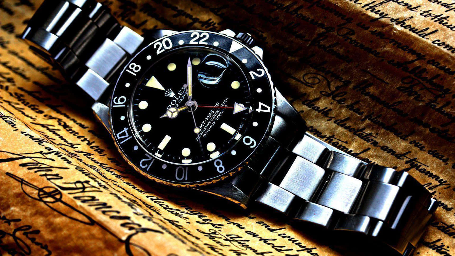 Rolex 桌布 壁紙 — 一隻時尚的黑色勞力士GMT-Master II手錶，搭配不鏽鋼錶帶，放置在帶有優雅草書手寫字體的舊羊皮紙上。