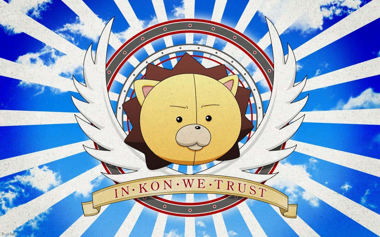 Bleach Kon 桌布 壁紙 — 一隻有白色翅膀嘅卡通獅子，背景係太陽光芒，舉住一個寫住「IN KON WE TRUST」嘅橫額。