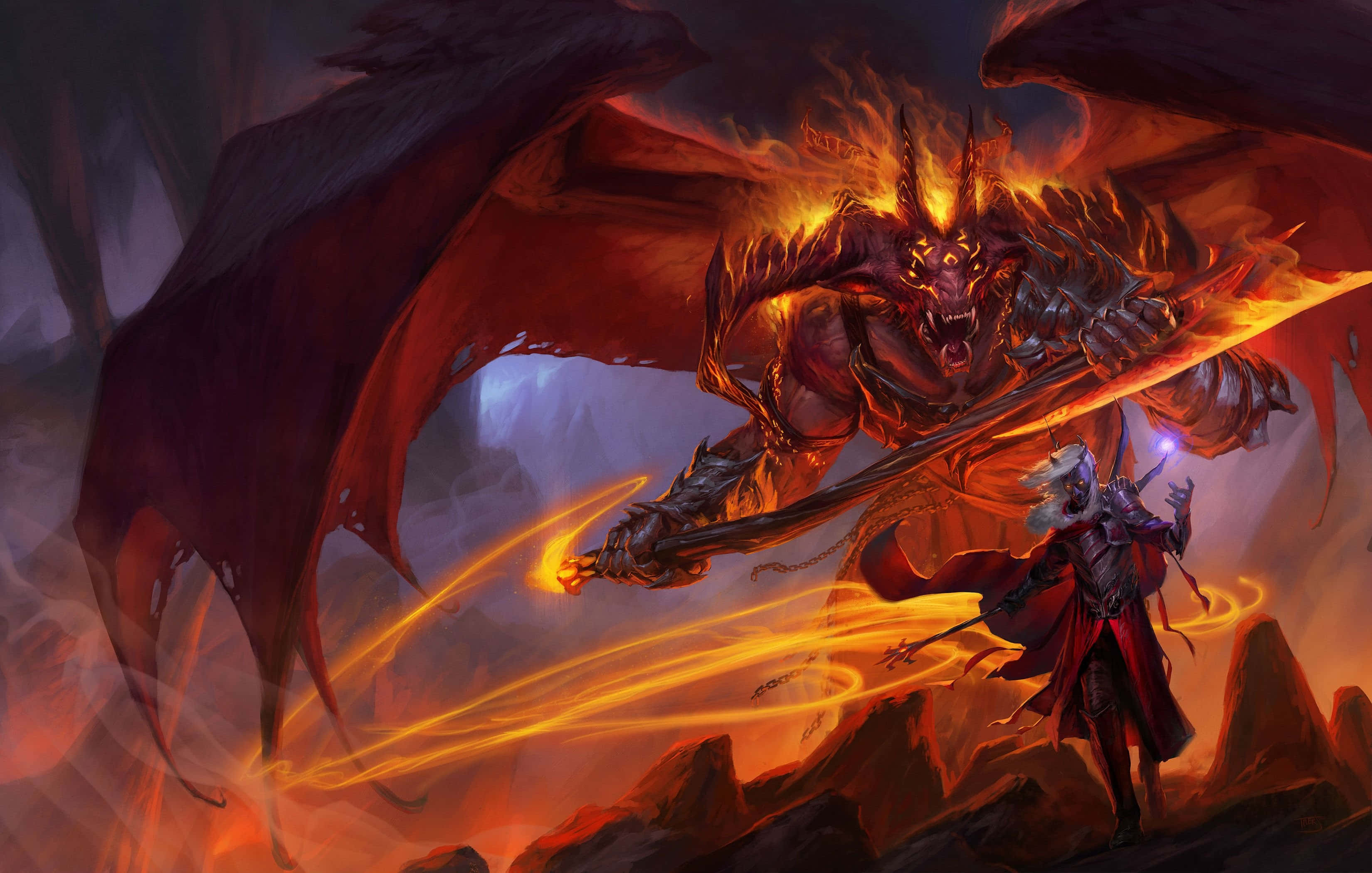 Demon Realm 桌布 壁紙 — 一隻有著發光眼睛和巨大翅膀的火焰惡魔龍，在岩石戰場上與一位揮舞發光劍的紅袍戰士交鋒。