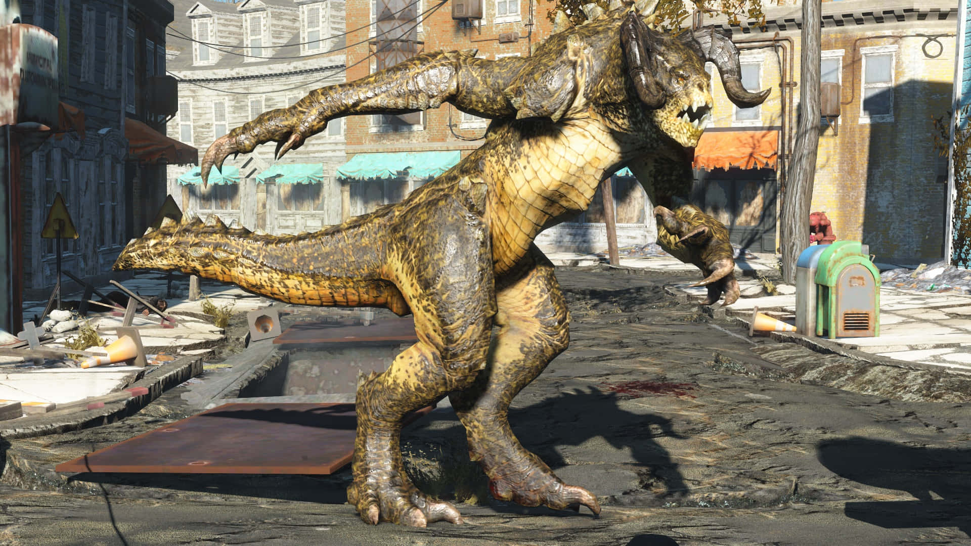Deathclaw 桌布 壁紙 — 一隻有角同爪嘅怪獸爬蟲類生物喺一條有爛建築同散落瓦礫嘅廢墟城市街道上徘徊。