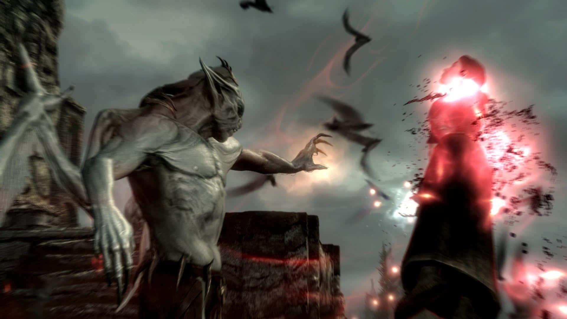 Skyrim Dawnguard 桌布 壁紙 — 一隻有角的怪物在黑暗風暴的天空和飛翔的蝙蝠中撲向一個發光的紅色身影。