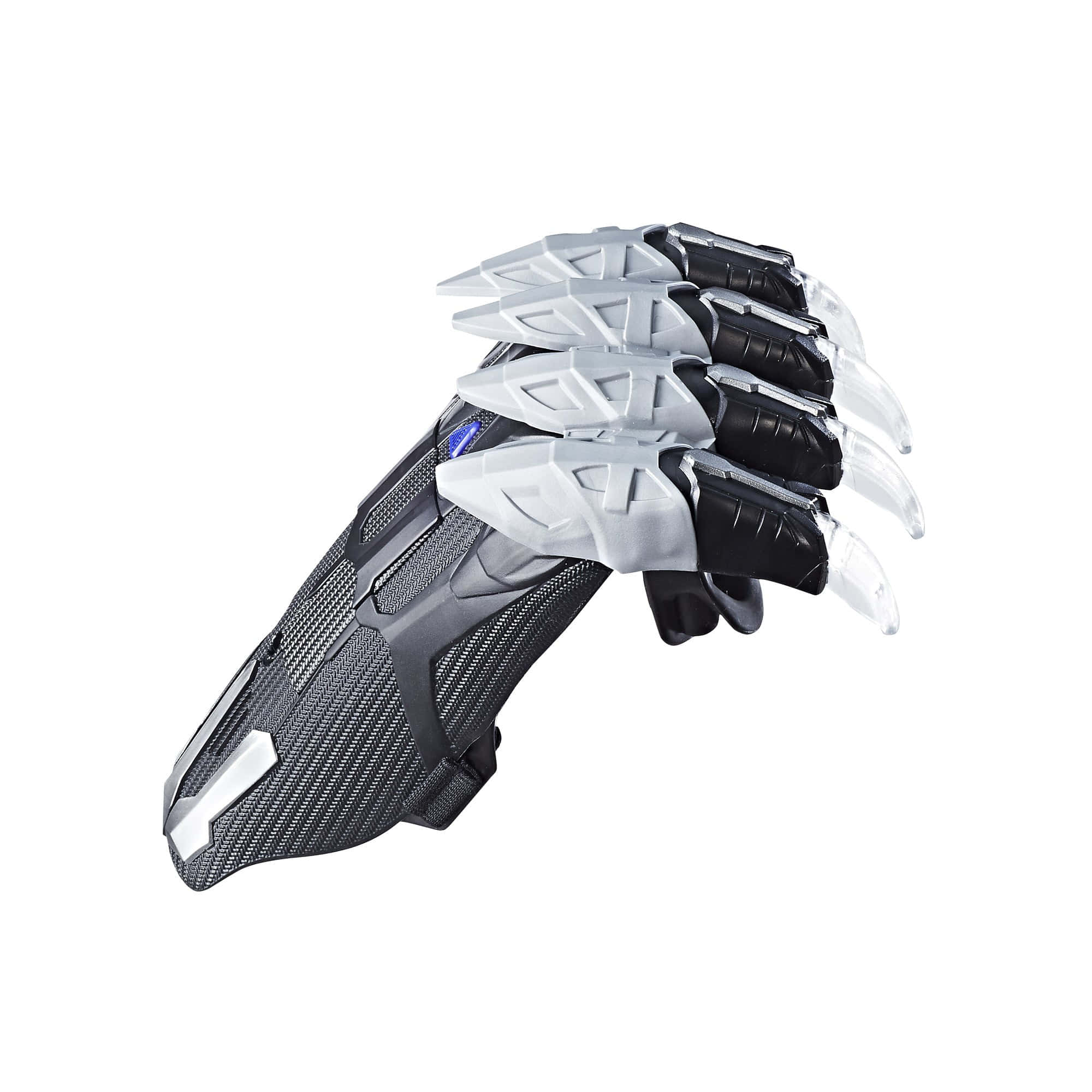 Panther Claws 桌布 壁紙 — 一隻未來風格的黑色和銀色裝甲手套，帶有半透明爪子及發光藍色點綴，背景為白色。