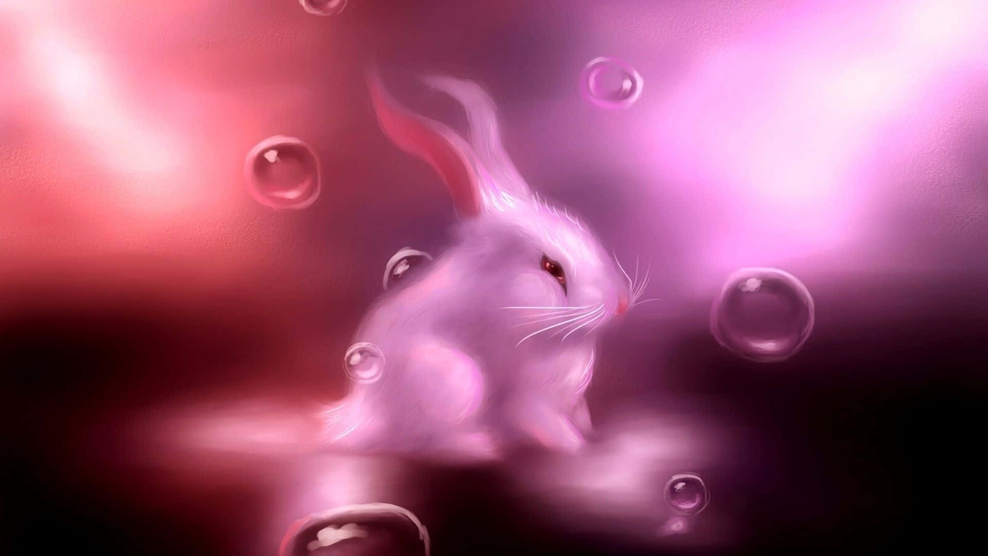 Pink Bunny 桌布 壁紙 — 一隻柔軟的白兔在粉紅色發光氣泡中寧靜地漂浮，背景是洋紅色和深紅色的夢幻漸變。
