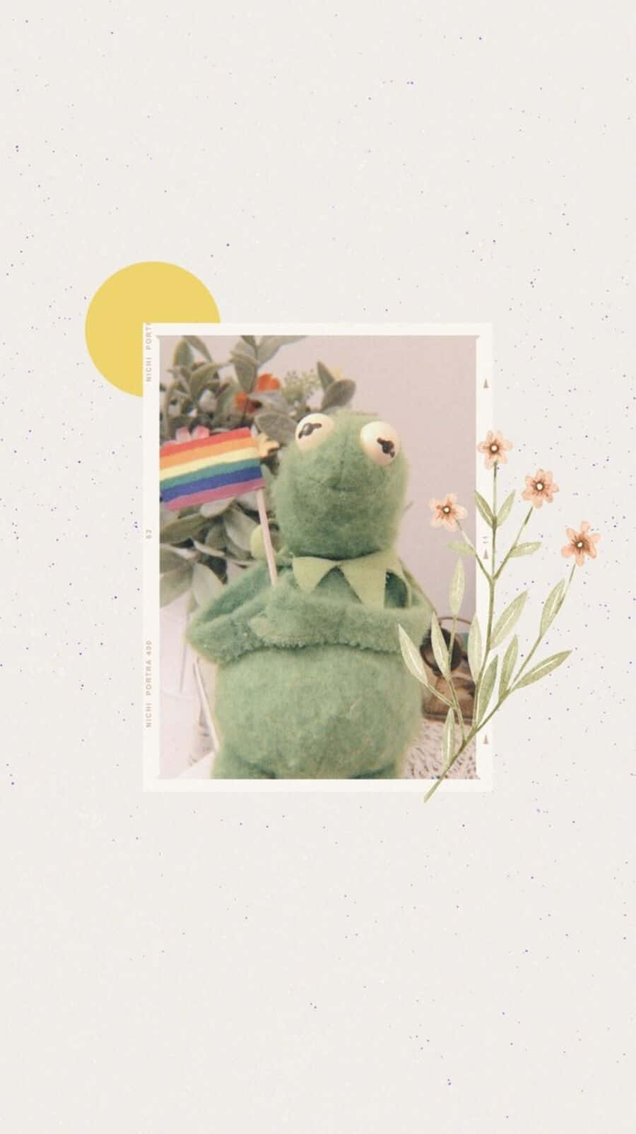 Aesthetic Frog 桌布 壁紙 — 一隻柔軟的綠色Kermit the Frog毛絨玩具坐在一個裱框照片中，旁邊是精緻的粉紅色花朵和彩虹旗，背景是斑點米色。