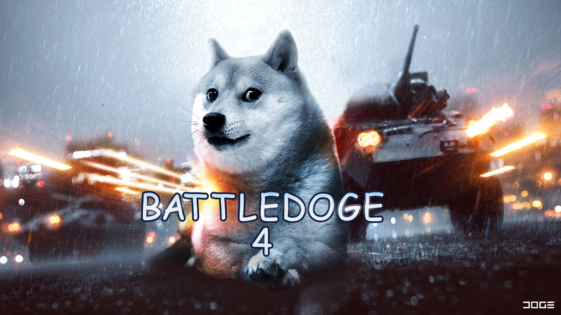 Dog Memes 桌布 壁紙 — 一隻柴犬在雨中靜靜地坐著，身後有一輛坦克在霓虹燈照亮嘅城市戰場上開火。