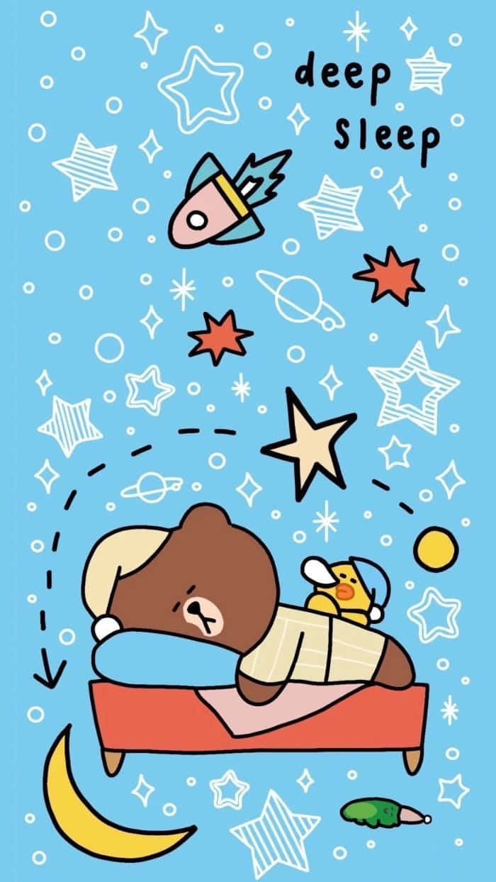 Sleep 桌布 壁紙 — 一隻棕熊在紅色床上安詳地睡覺，火箭在夢幻的藍色天空中飛過星星和行星。
