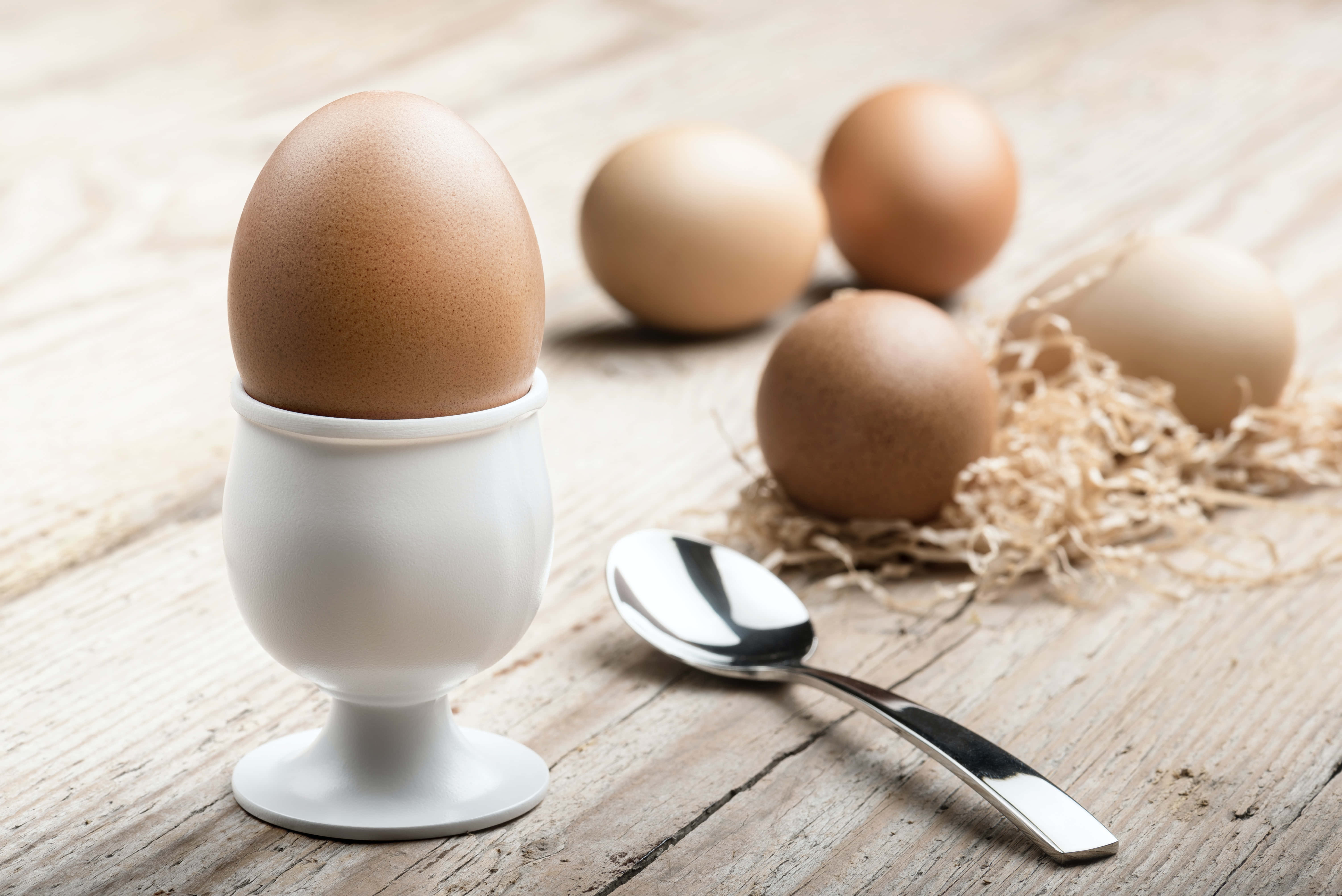 Brown Eggs 桌布 壁紙 — 一隻棕色雞蛋放在白色陶瓷蛋杯裡，置於鄉村風木桌上，附近有散落的雞蛋和一把湯匙。