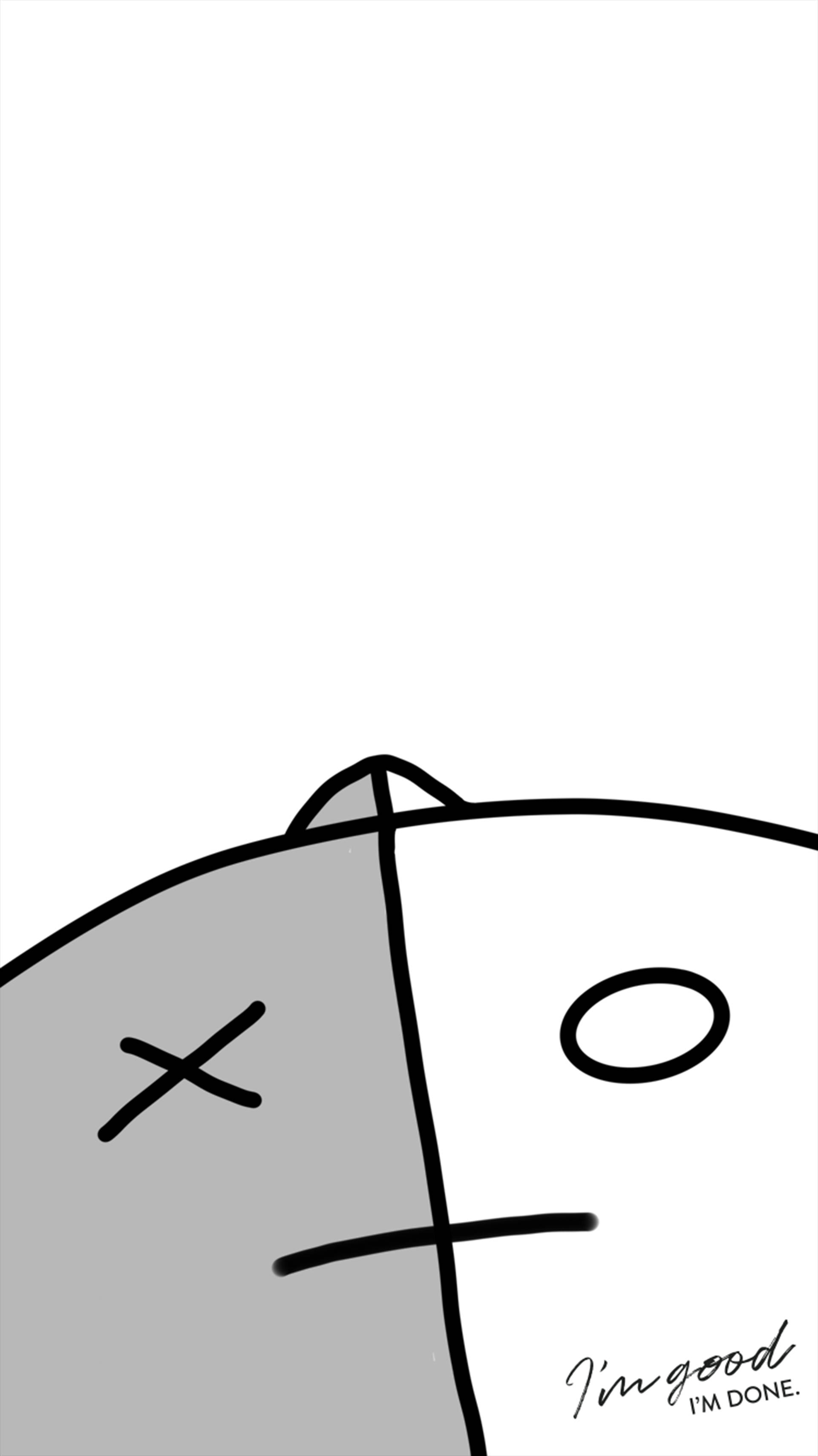 Minimalism Van BT21 壁紙 — 一隻極簡卡通貓，一隻眼睛被劃掉，另一隻睜開，在純白背景上低語「我很好，我完成了」。