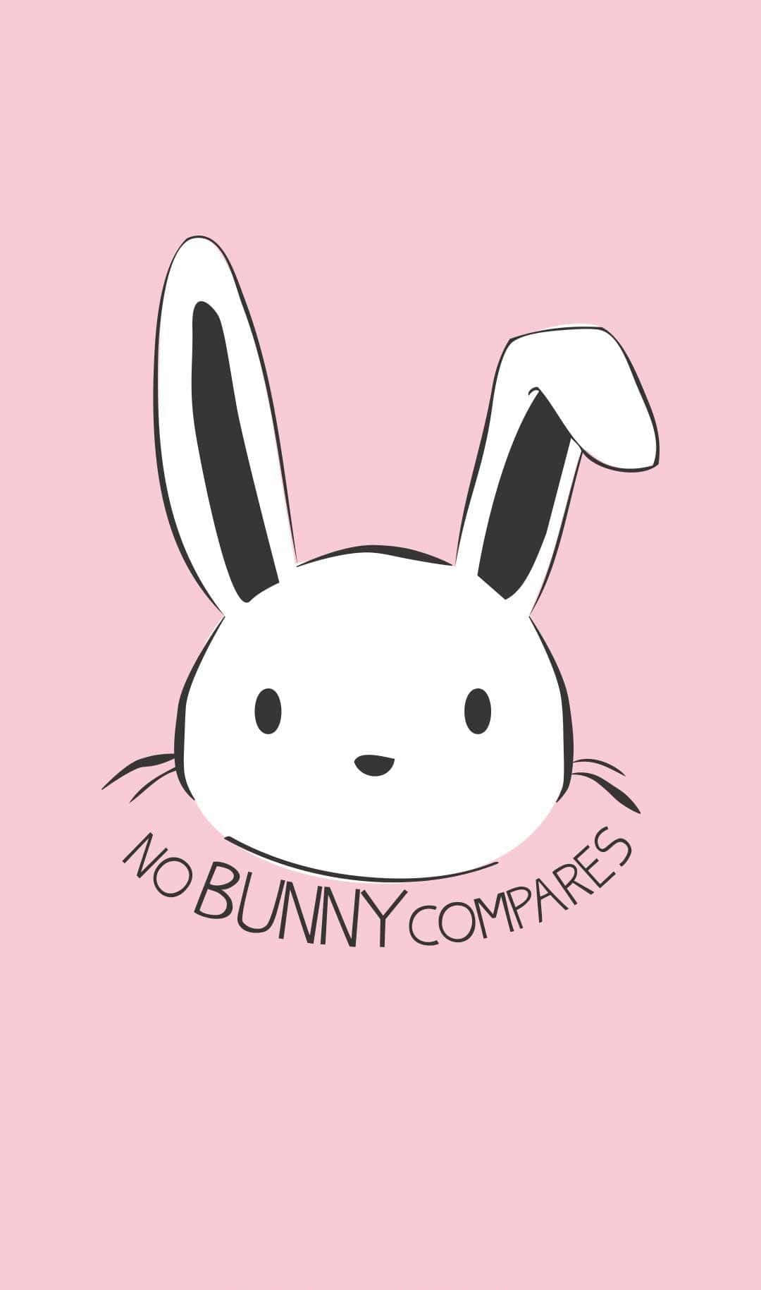 Pink Bunny 桌布 壁紙 — 一隻極簡風格的白色兔子，擁有黑色耳朵和鬍鬚，從柔和的粉紅色背景中探出頭來，並帶有「no bunny compares」的字句。
