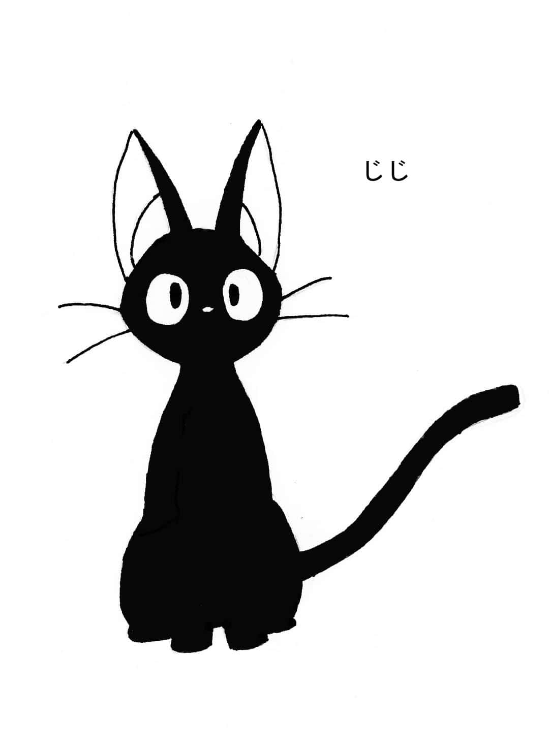 Jiji Cat 桌布 壁紙 — 一隻極簡風格的黑色貓咪，有著大大的白色眼睛和彎曲的尾巴，直坐在純白色背景前。
