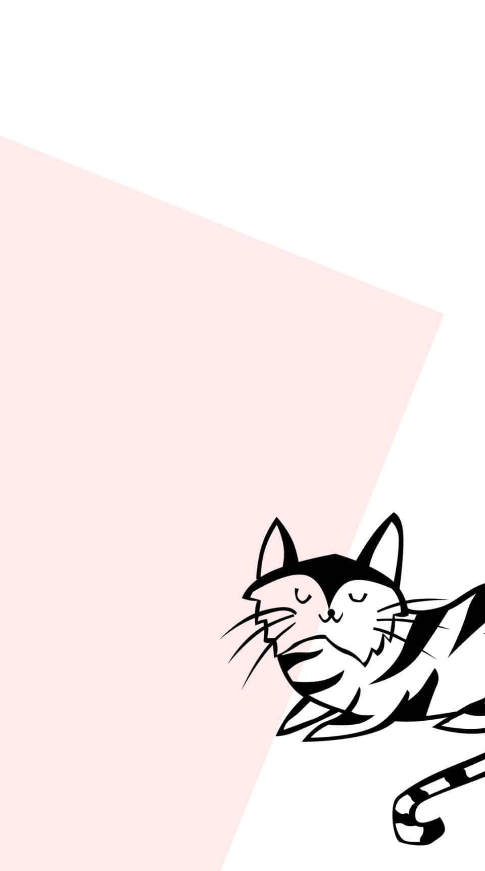 Minimalist Phone 桌布 壁紙 — 一隻極簡黑白卡通貓閉著眼睛，從白色背景上柔和的粉紅色幾何形狀後面探出頭來。