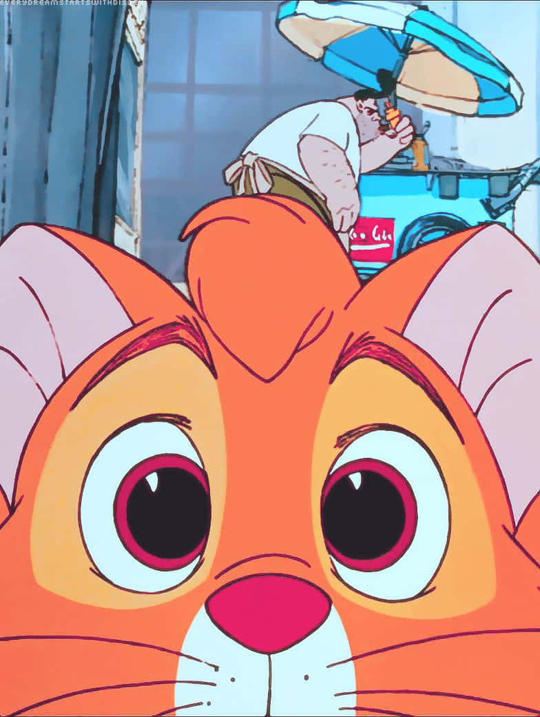 oliver and company 桌布 壁紙 — 一隻橙色卡通貓咪的特寫，擁有巨大且富有表情的眼睛，向前凝視，而一名身穿白衫的男子在牠身後工作。