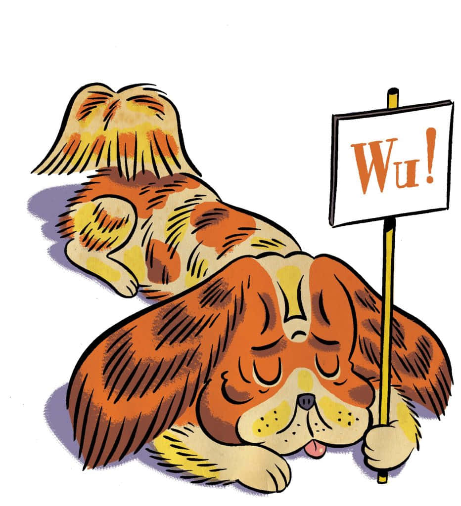 插畫 桌布 壁紙 — 一隻橙色和奶油色毛髮的卡通狗，抱著寫著「Wu!」的牌子，睡得很香。