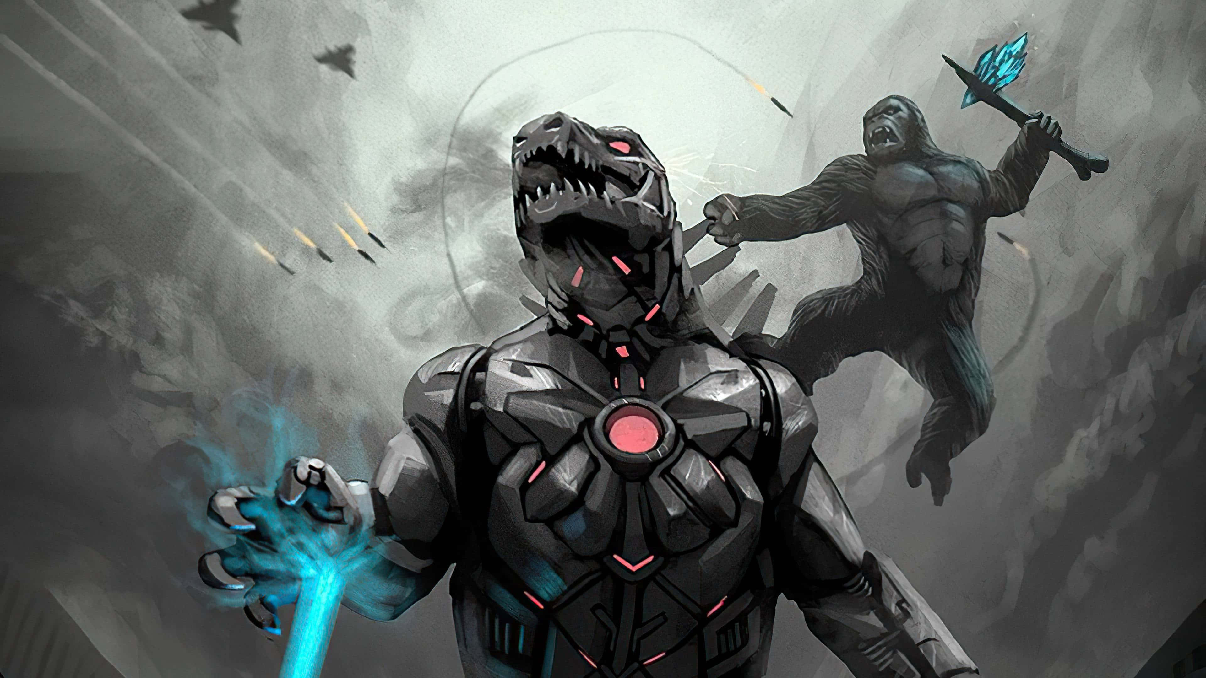 Robot Godzilla 桌布 壁紙 — 一隻機械恐龍在煙霧和墜落的導彈中與一隻飛翔的猿戰鬥，場景充滿粗糙的數碼藝術風格。