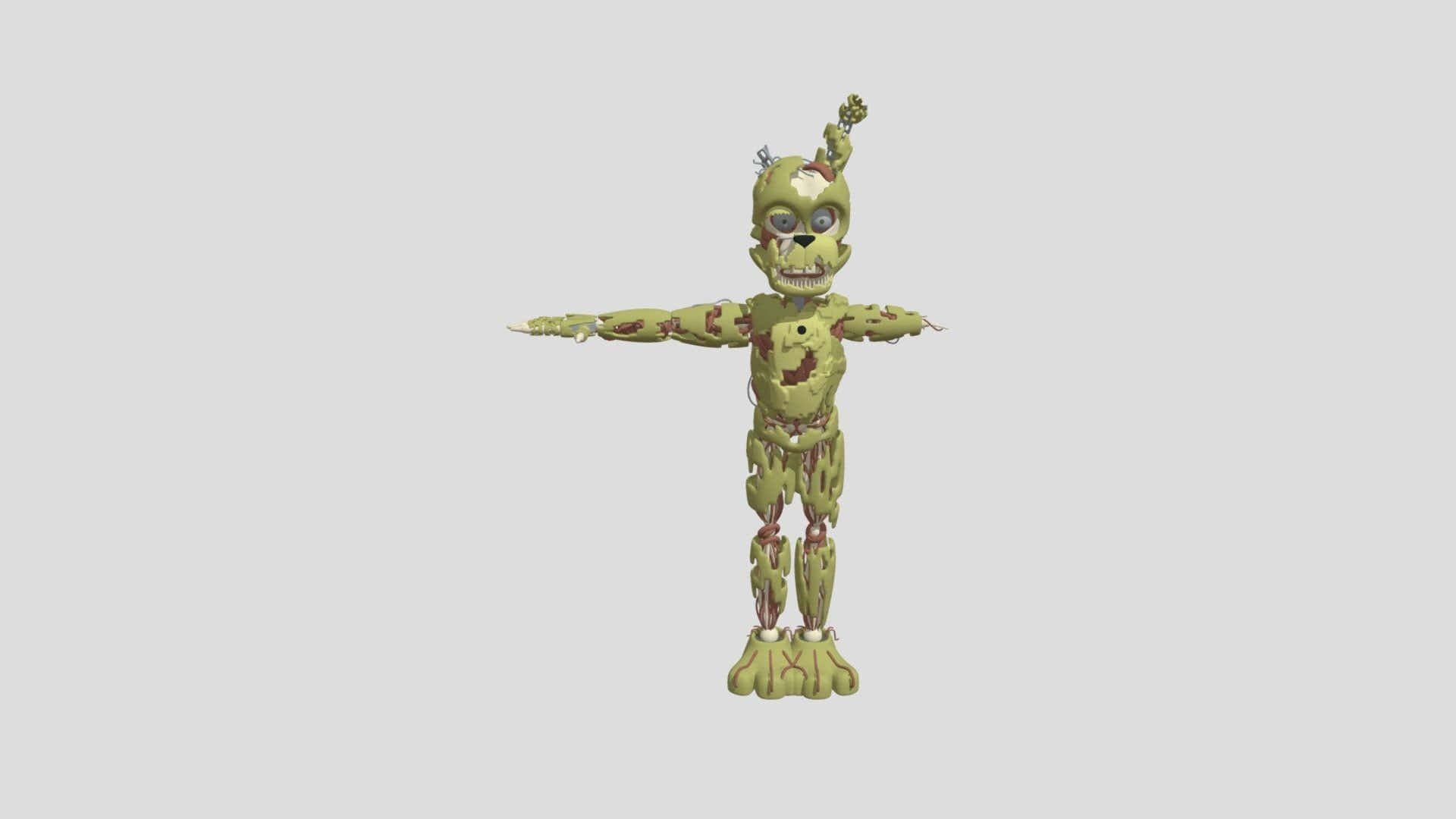 Scraptrap 桌布 壁紙 — 一隻正在腐爛的綠色電子熊，帶有外露的電線和血跡，站在純灰色背景前。