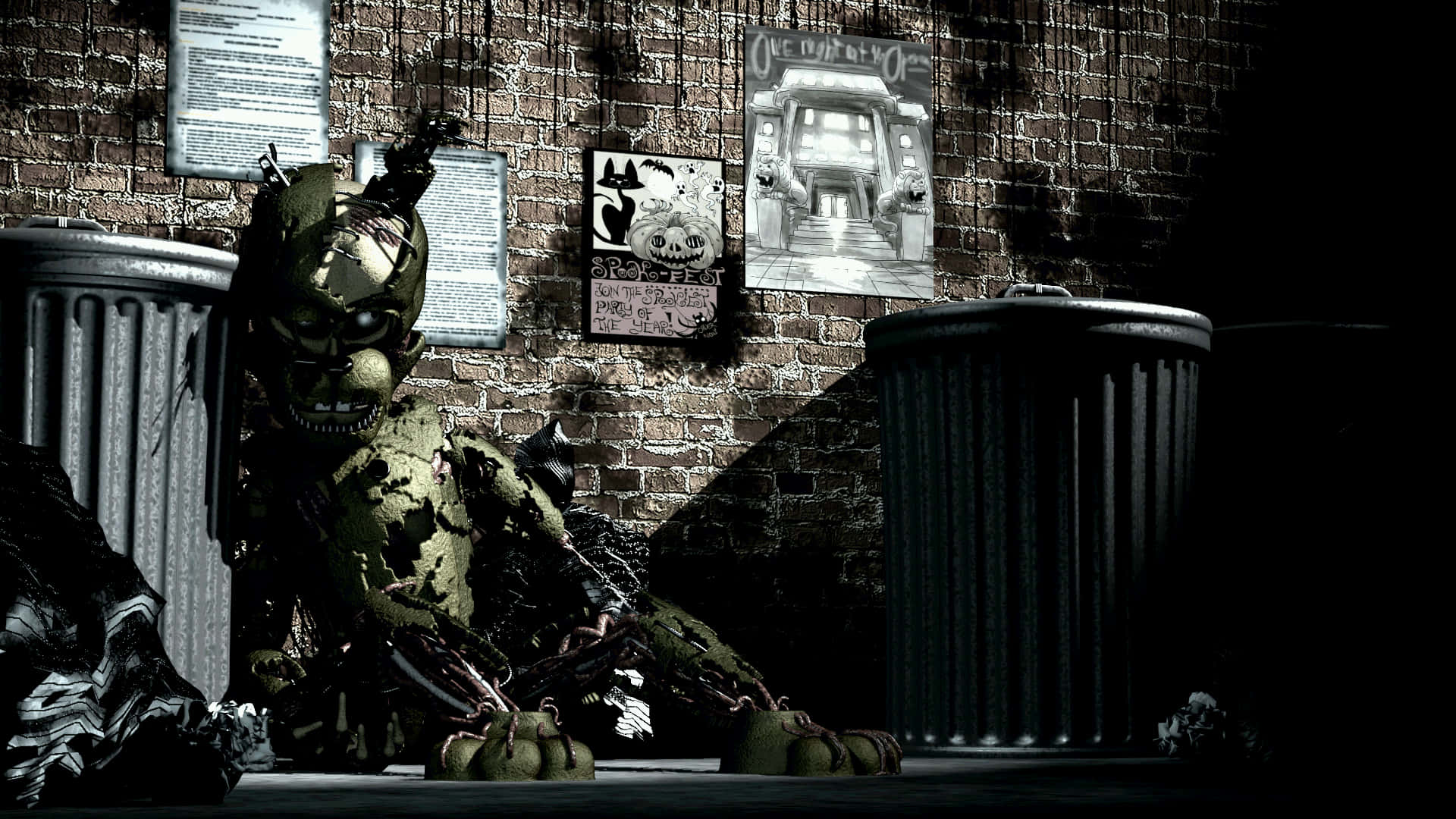 Scraptrap 桌布 壁紙 — 一隻正在腐爛的電子熊癱坐在垃圾桶之間，背景是佈滿恐怖海報的骯髒磚牆。