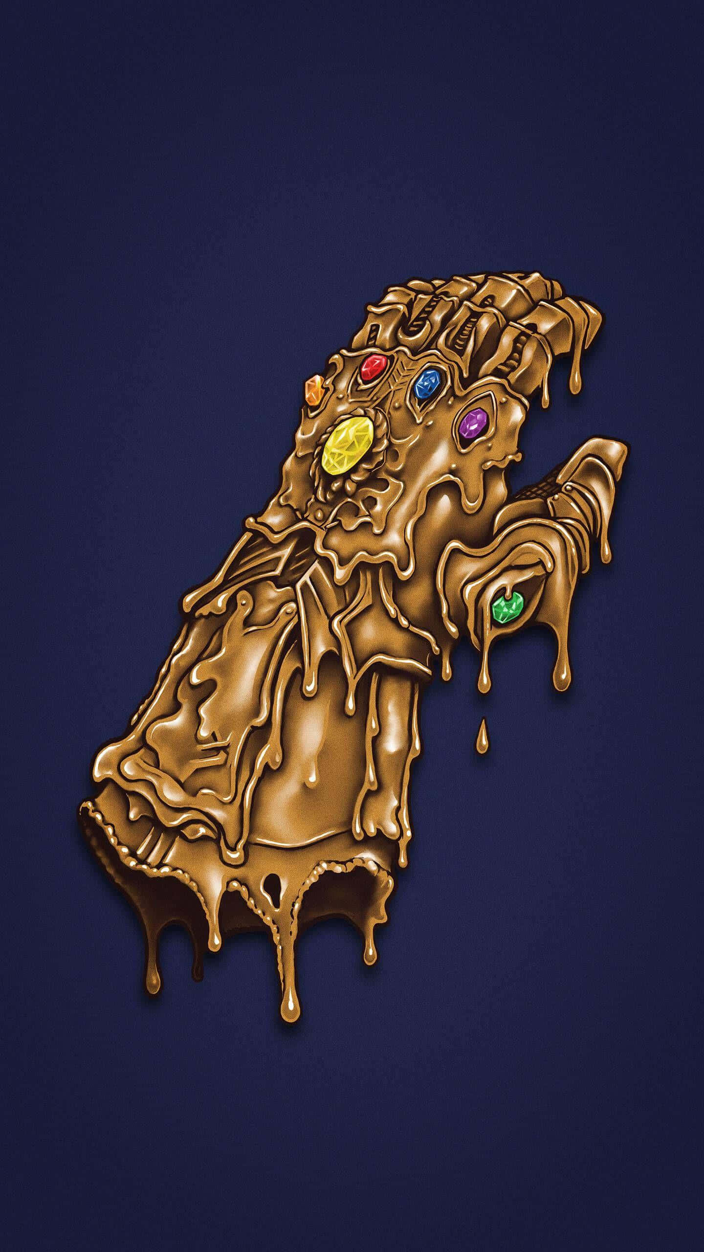 Infinity Gems 桌布 壁紙 — 一隻正在融化的金色手套滴下朱古力，內嵌色彩繽紛的寶石，背景為深藍色。
