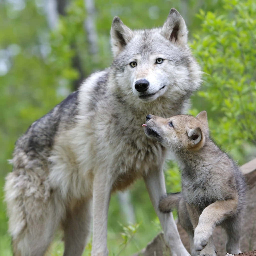 Wolf Pup 桌布 壁紙 — 一隻母狼和她的幼崽一起站在茂密的綠色森林中，幼崽頑皮地蹭著她的腿。