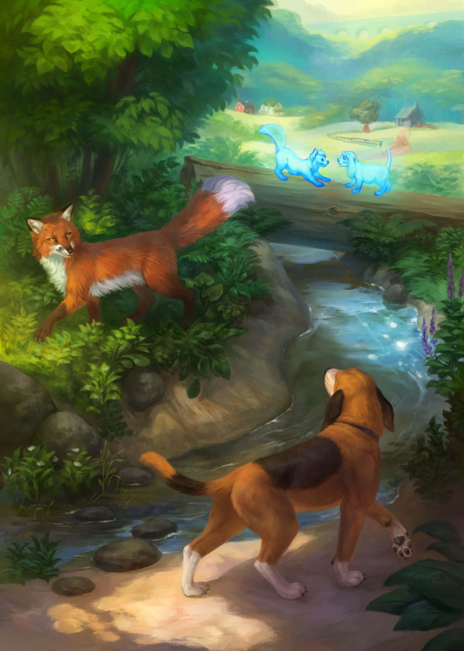 the fox and the hound 桌布 壁紙 — 一隻比格犬和狐狸看著發光的藍貓跳過陽光明媚的小溪上的木橋，在茂密的綠色森林中。