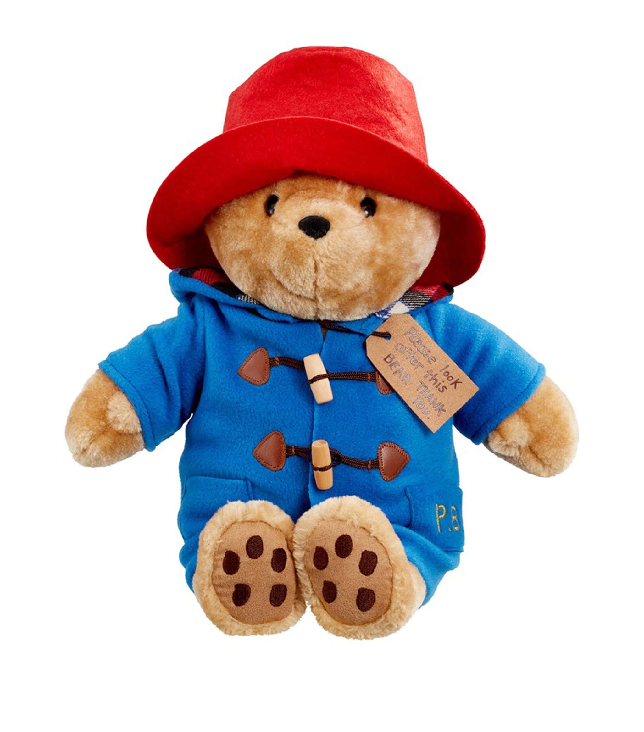 Cuddly 桌布 壁紙 — 一隻毛絨的柏靈頓熊戴著標誌性的紅帽子和藍色牛角扣大衣，坐在白色背景前。