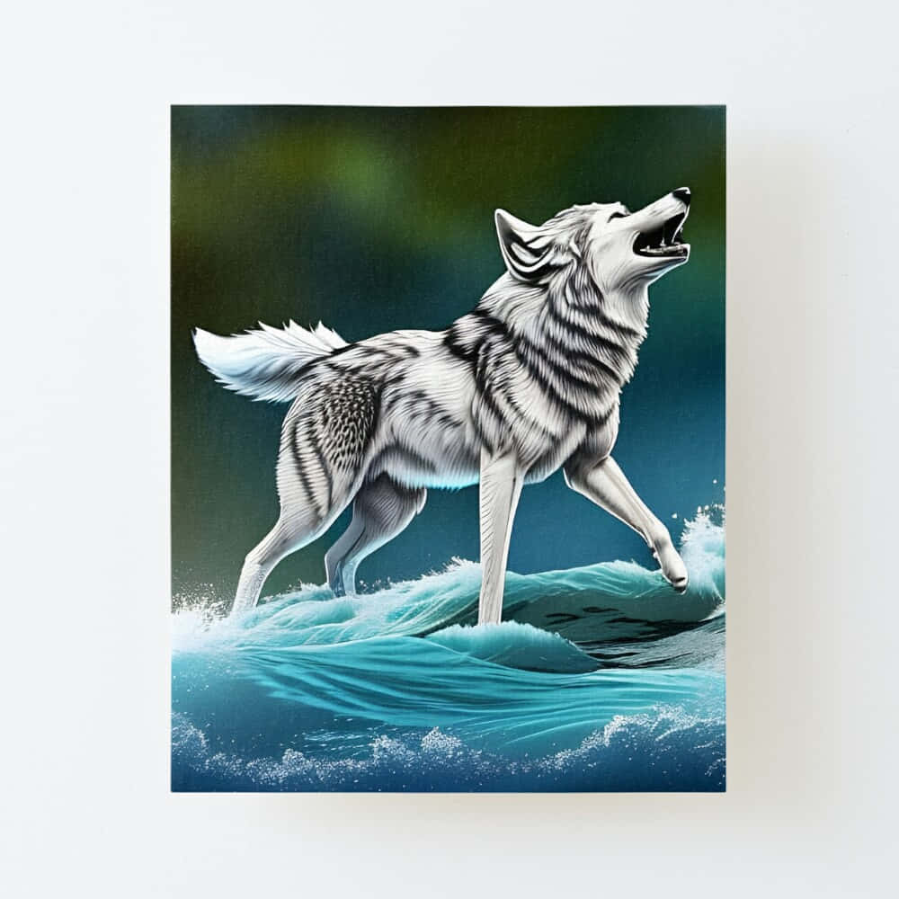 Wolf In Water 桌布 壁紙 — 一隻毛色帶條紋的雄偉白狼，站在洶湧的藍綠色海浪上，發出勝利的嚎叫。