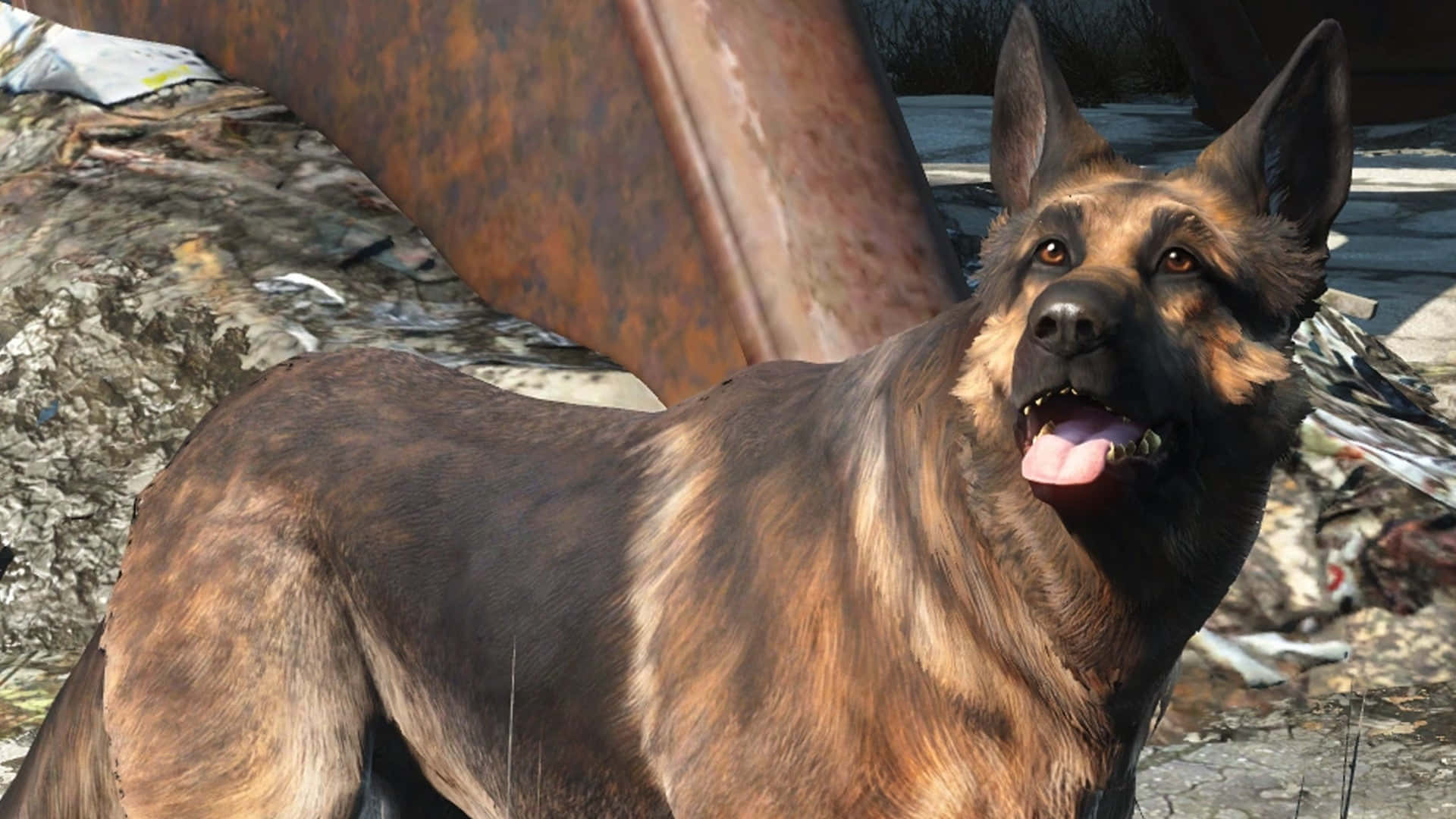 Fallout 4 Dogmeat 桌布 壁紙 — 一隻毛色棕黑相間的德國牧羊犬在陽光照耀、生鏽的工業廢車場中警覺地站立。