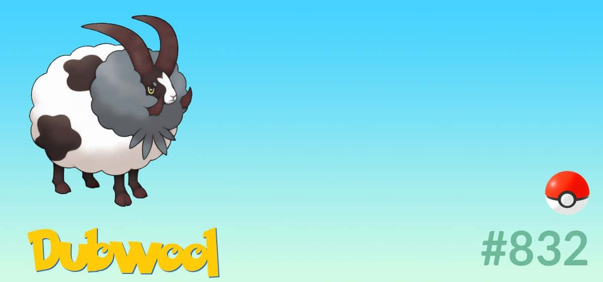 Pokemon 桌布 壁紙 — 一隻毛茸茸、像羊的寶可夢，長著彎曲的角，站在漸變藍色天空前，顯示其名稱和圖鑑編號。