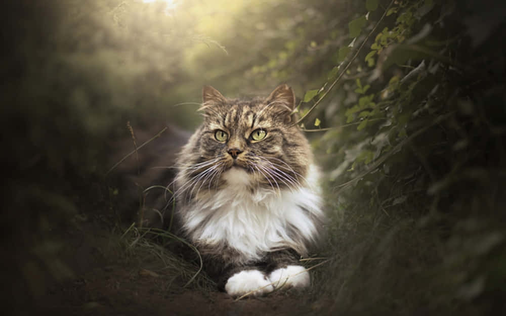 Siberian Cat 桌布 壁紙 — 一隻毛茸茸嘅虎斑貓，綠色眼睛，警覺咁坐喺陽光普照嘅森林空地，周圍係綠色嘅樹葉。