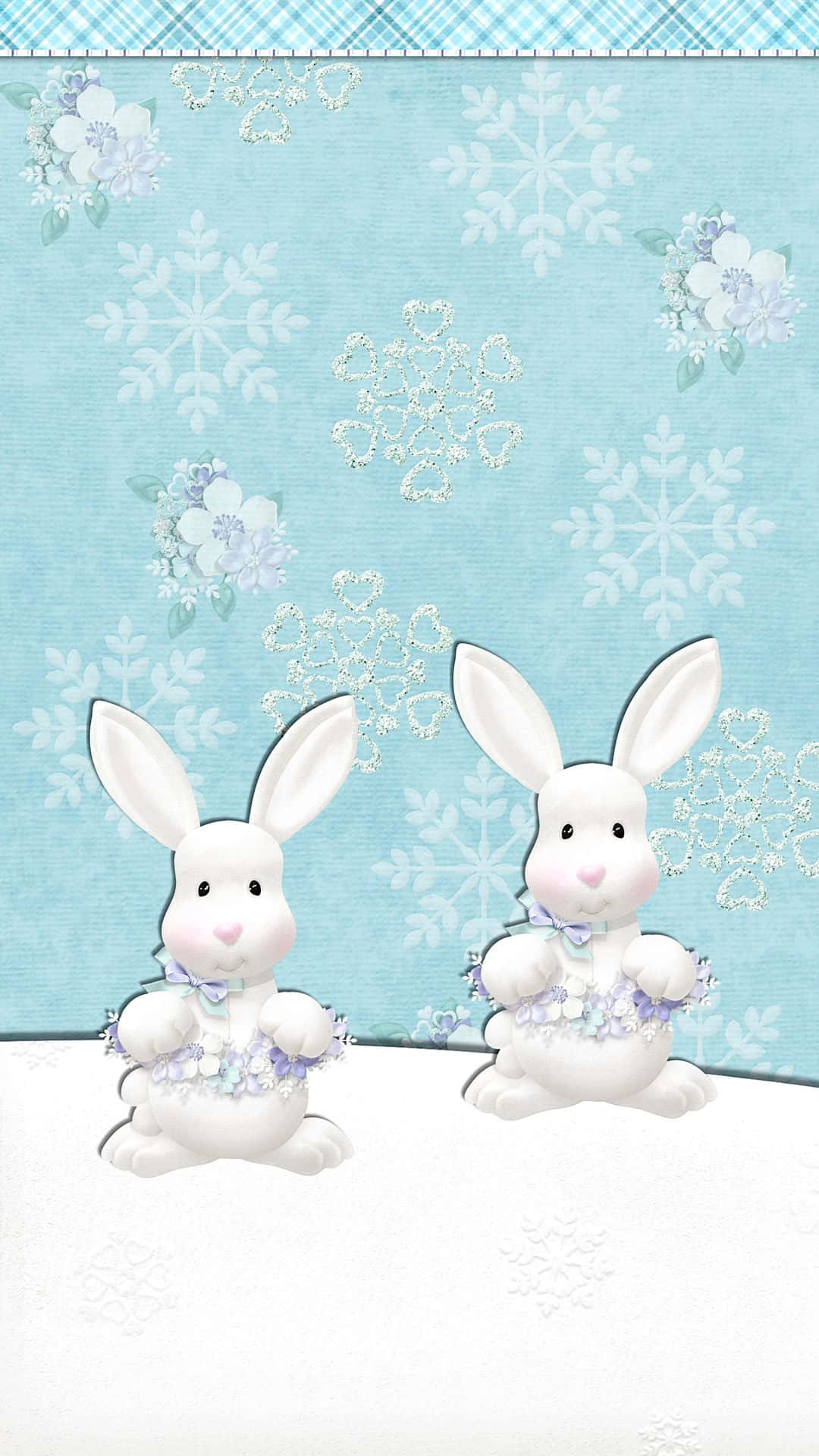兩隻戴著花卉蝴蝶結的白兔在雪地上，有雪花和花朵。