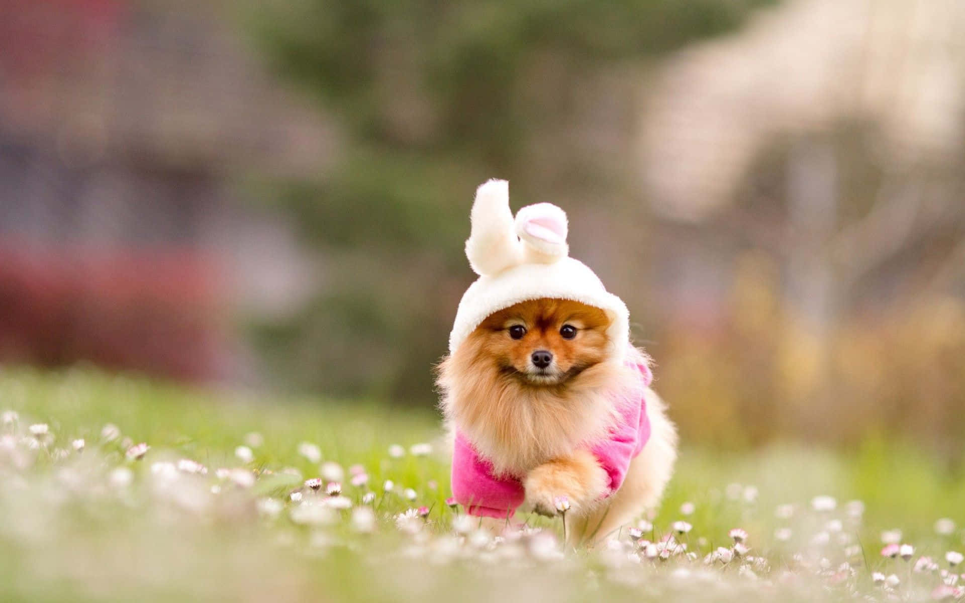 Cute HD 桌布 壁紙 — 一隻毛茸茸的博美犬穿著粉紅色兔子服裝，在陽光明媚的日子裡跑過雛菊花田。