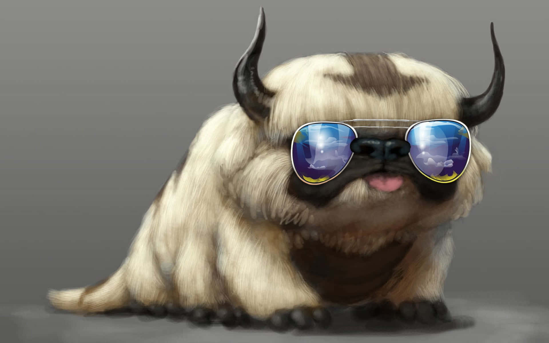 Sunglasses 桌布 壁紙 — 一隻毛茸茸的卡通氂牛，長著黑色角，戴著太陽眼鏡，在純灰色背景上酷酷地休息。