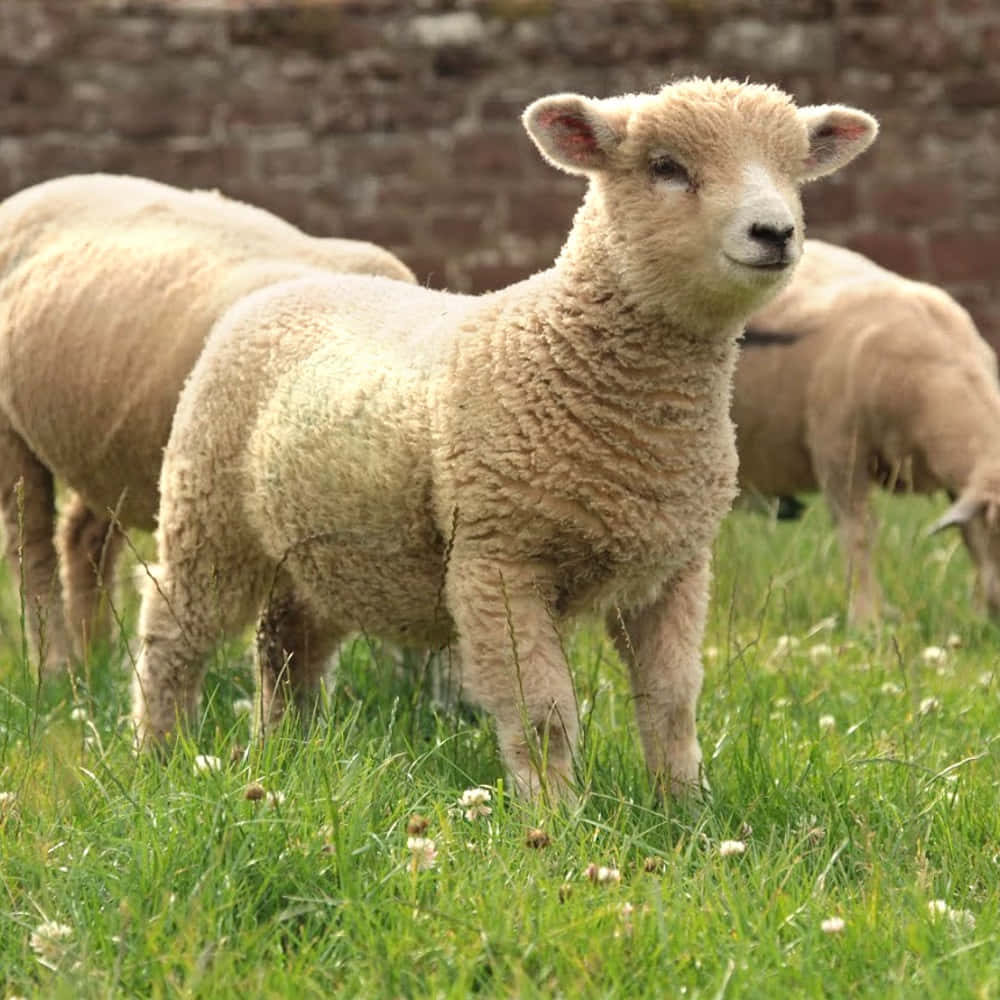 Lamb 桌布 壁紙 — 一隻毛茸茸的小羊在長滿白三葉草的鮮綠草地上警覺地站著，旁邊是一面風化的磚牆。