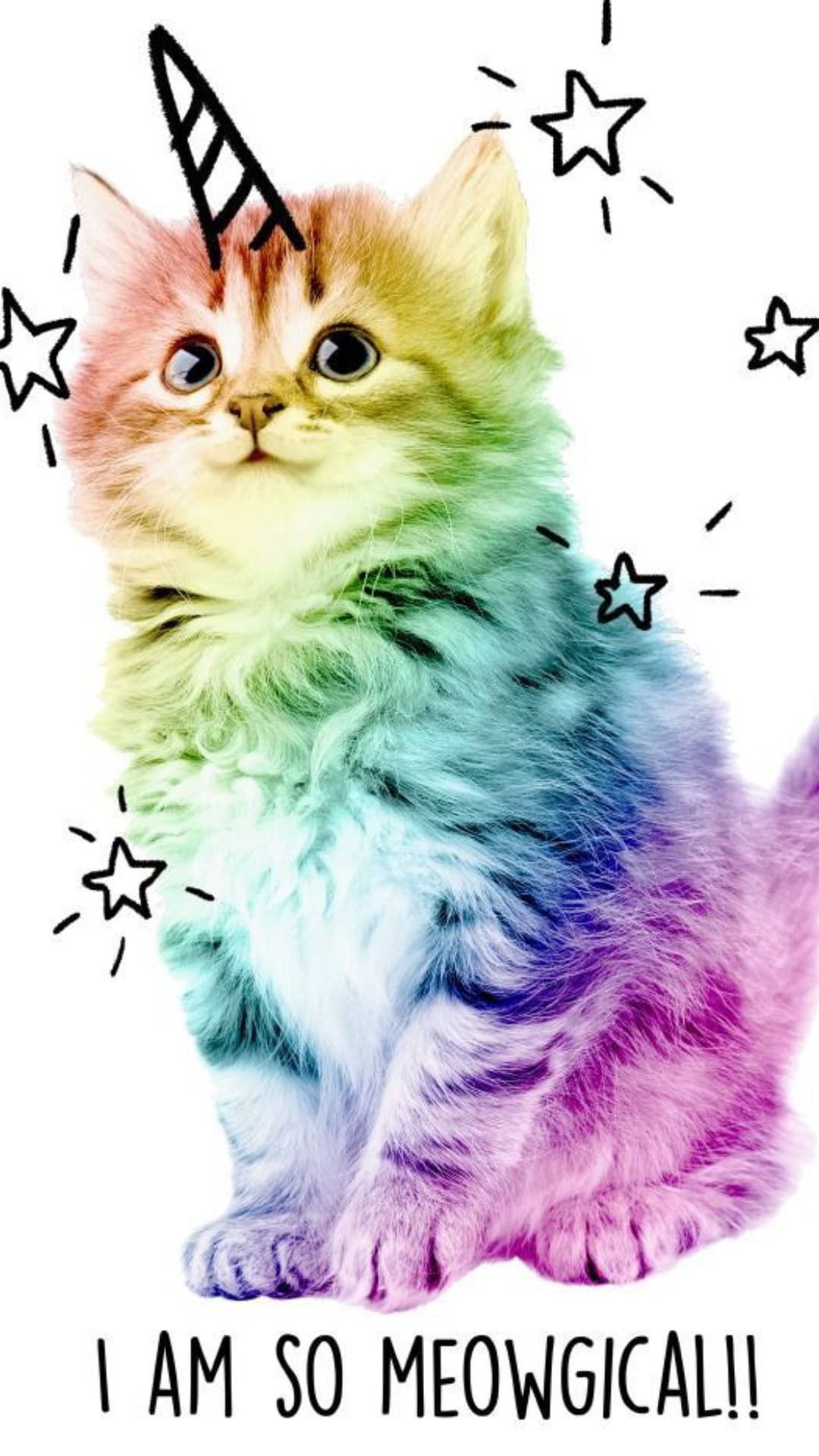 一隻彩虹色的小貓，有獨角獸角和周圍的星星，說著「我太MEOWGICAL了！！」